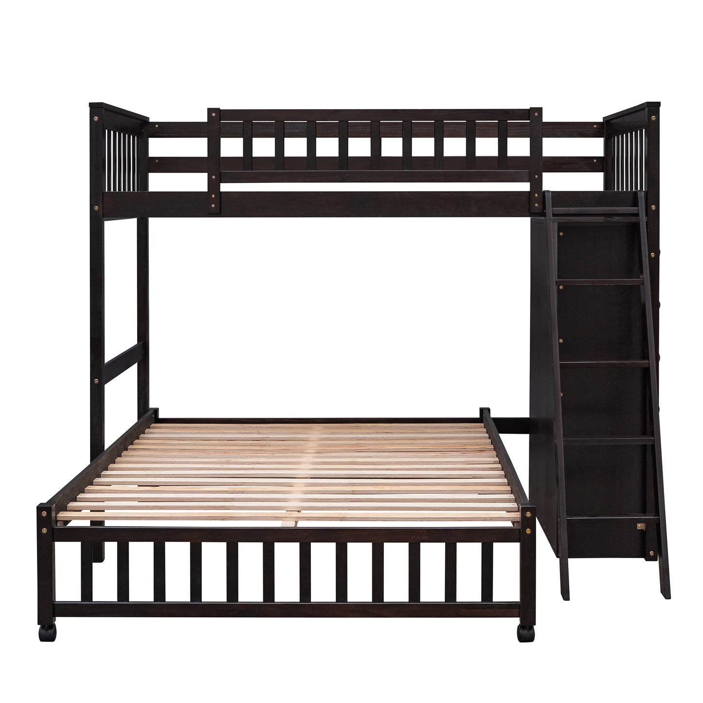 Dark brown wooden bunk bed with ladder