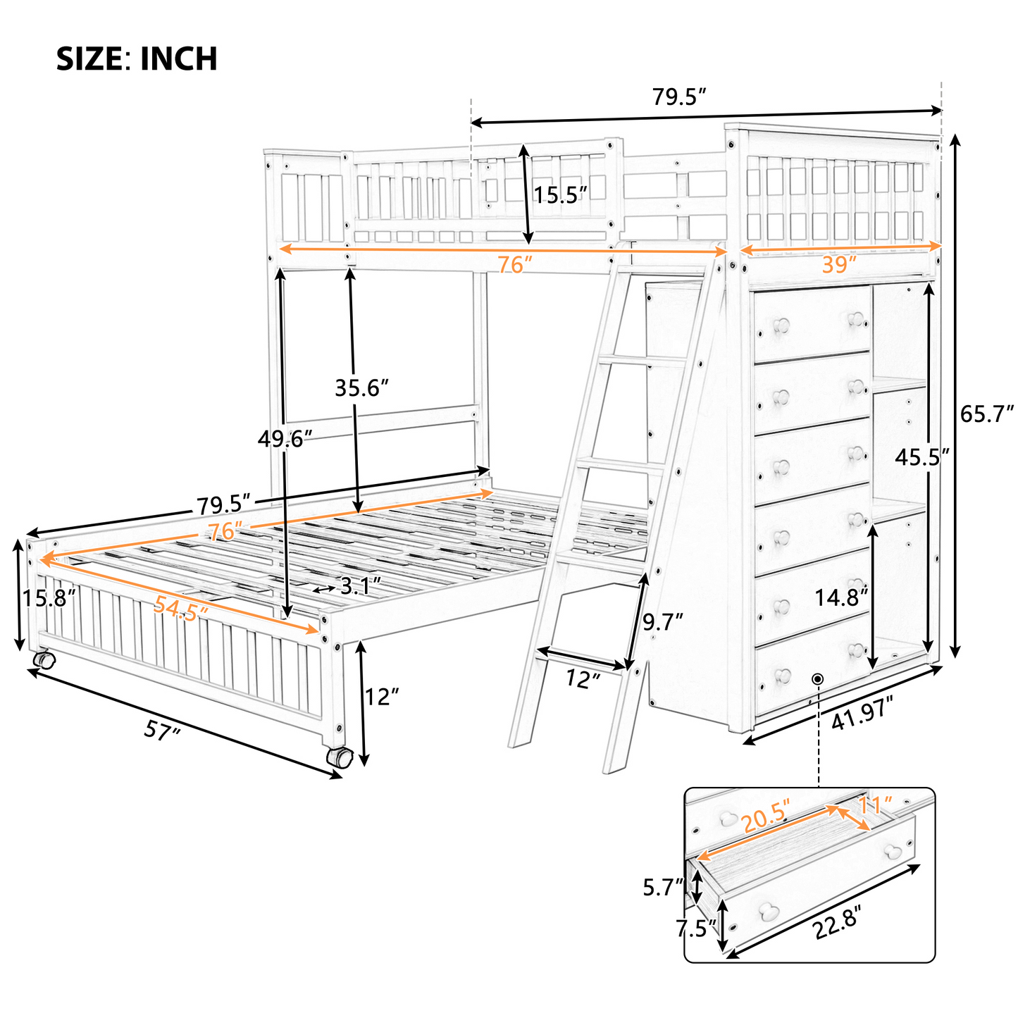 Diagram of a white twin over twin bunk bed with dimensions Main keyword bunk bed