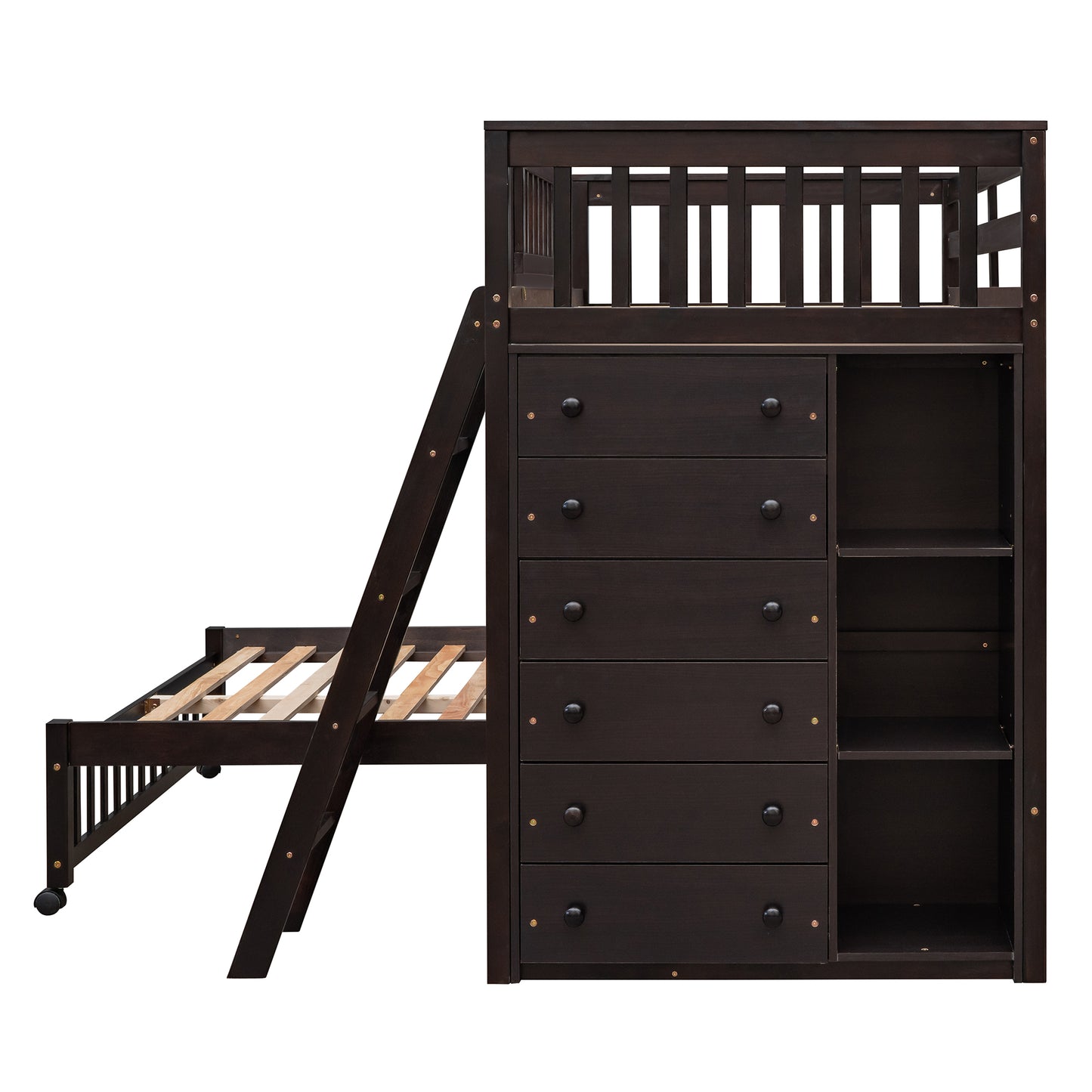 Dark brown wood loft bed with stairs and integrated dresser