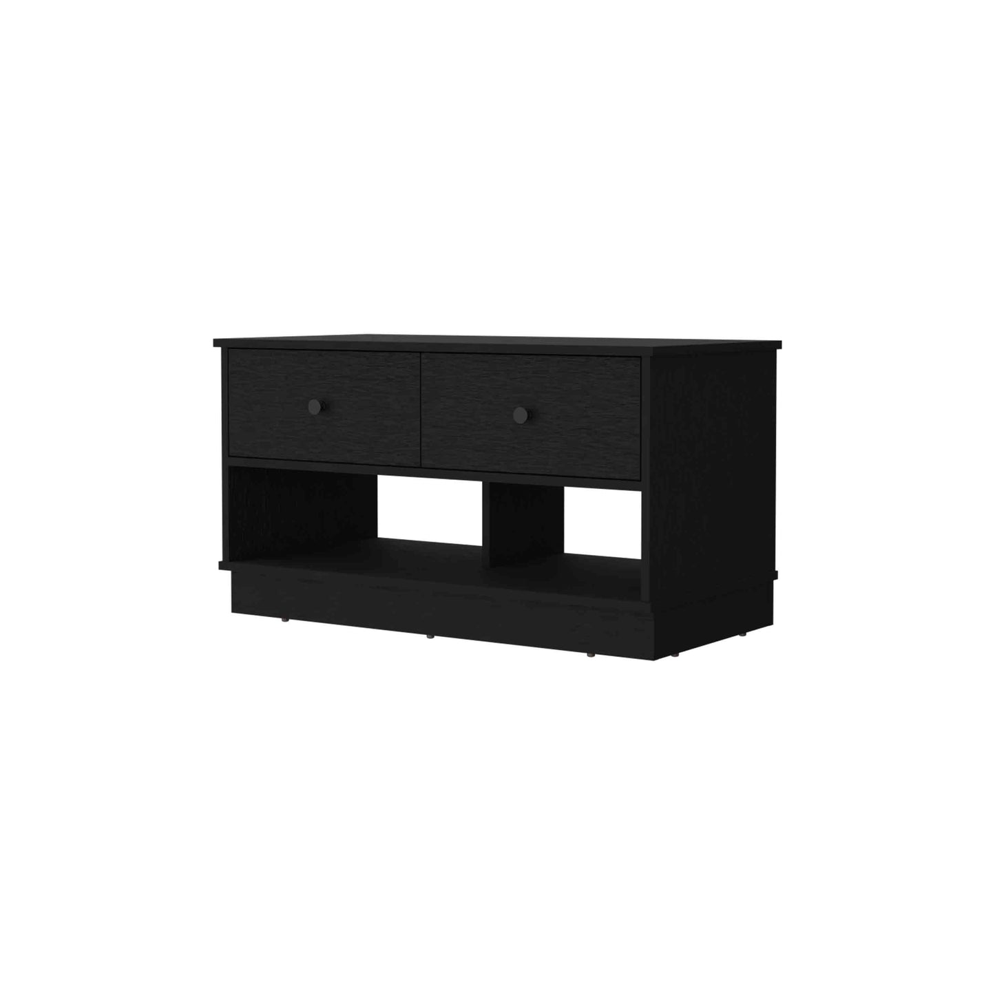 Black wood media console with two drawers and open shelving