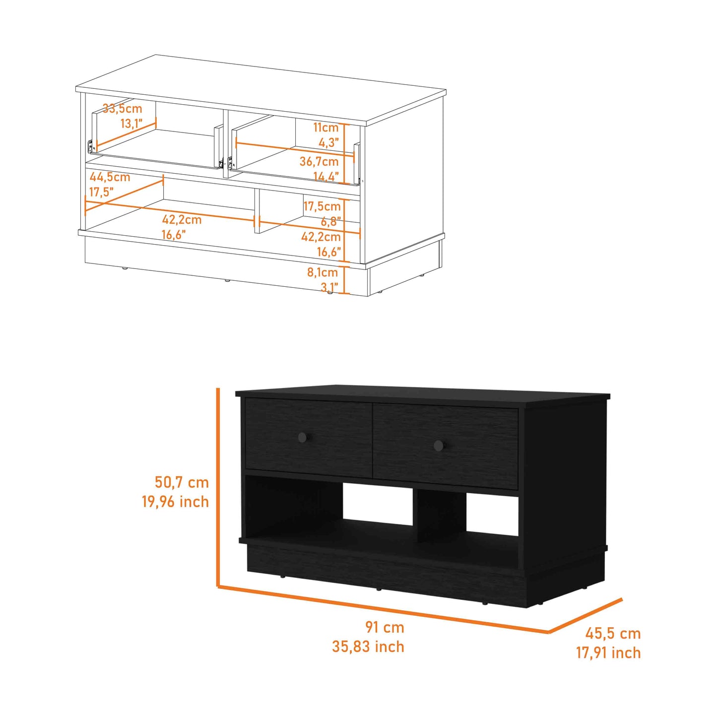 Black TV stand with two drawers and open shelving dimensions provided in diagrams