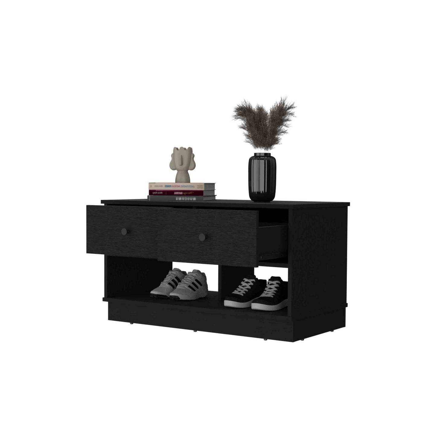 Black wooden shoe cabinet with two drawers and two open shelves
