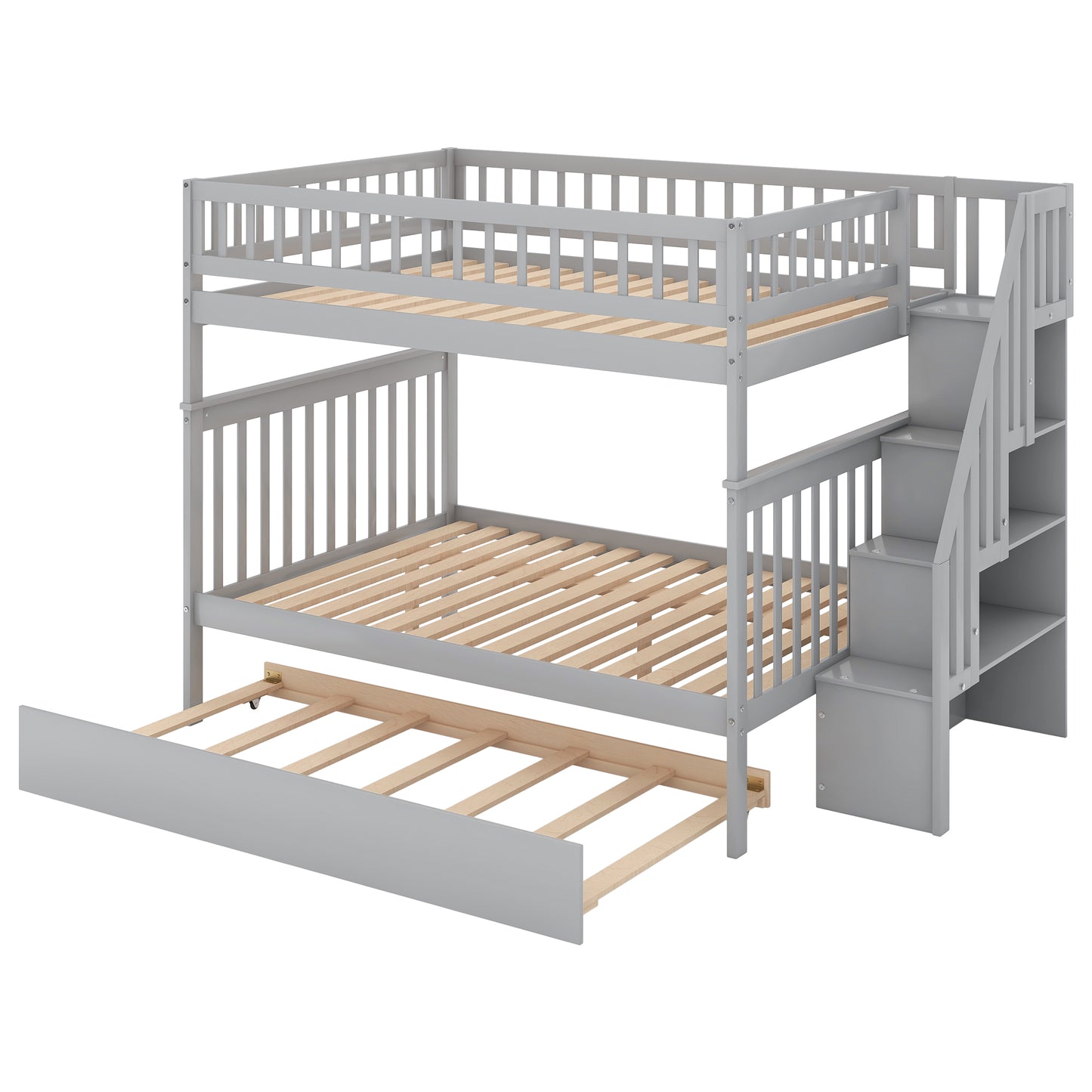 Gray wooden triple bunk bed with staircase and pullout trundle for kids