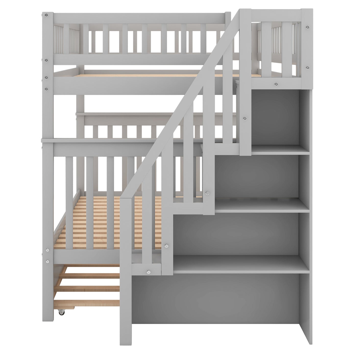 Gray wooden triple bunk bed with stairs and shelves