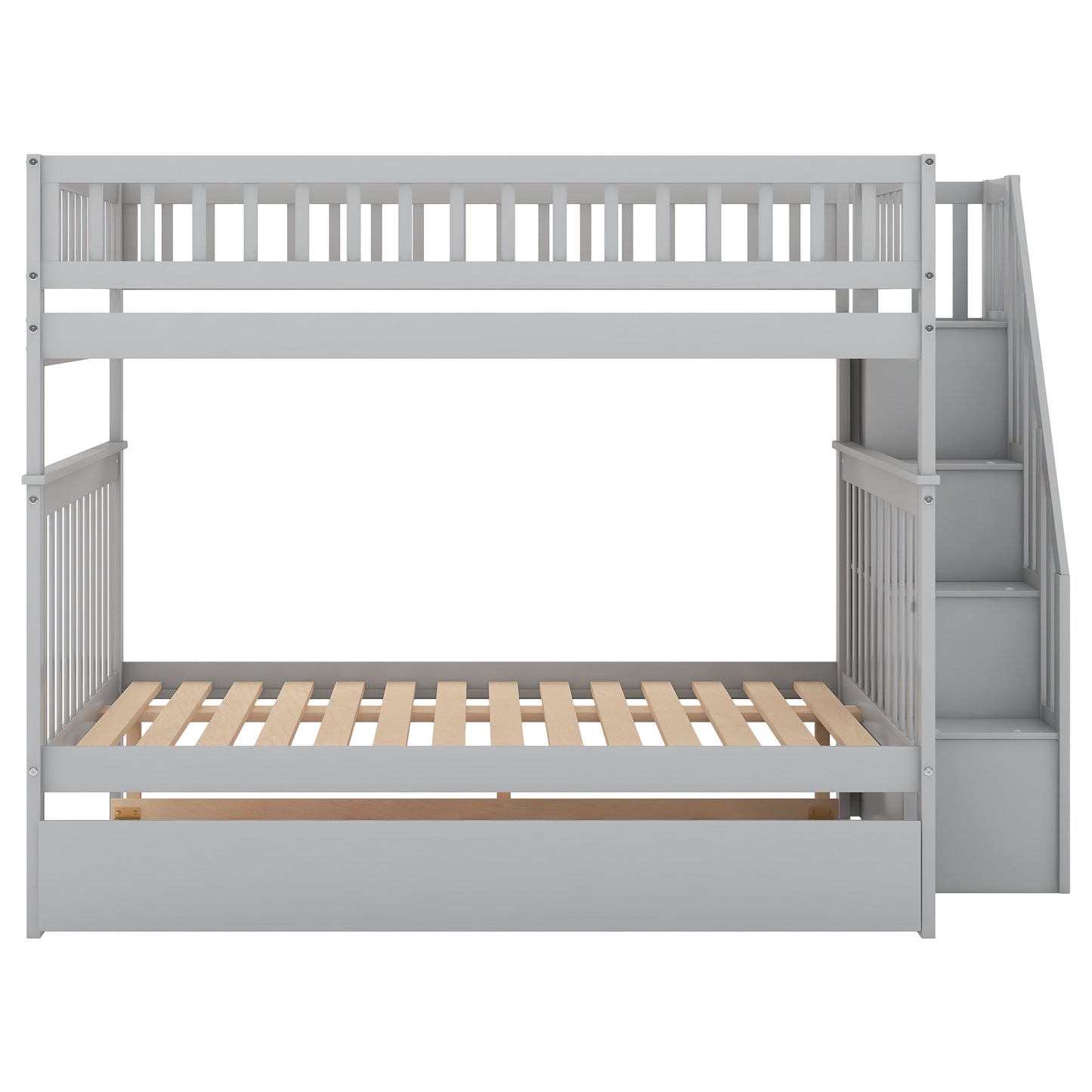 Gray wooden bunk bed with stairs and mattress slats