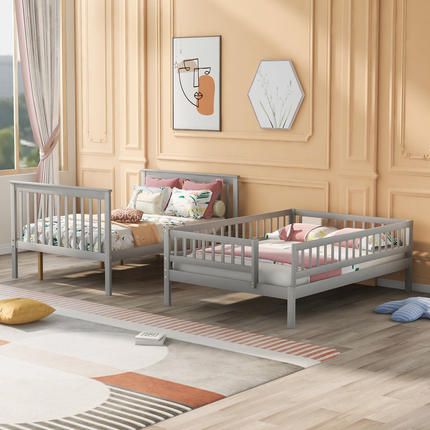 Gray twin toddler bed with guardrail
