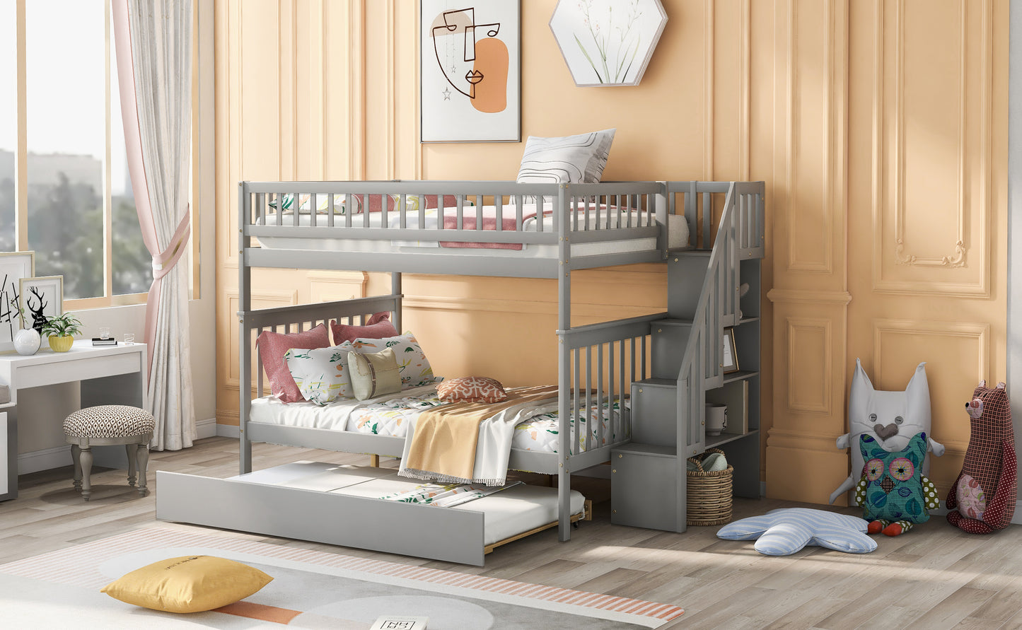 Gray twin over twin bunk bed with trundle and storage stairs