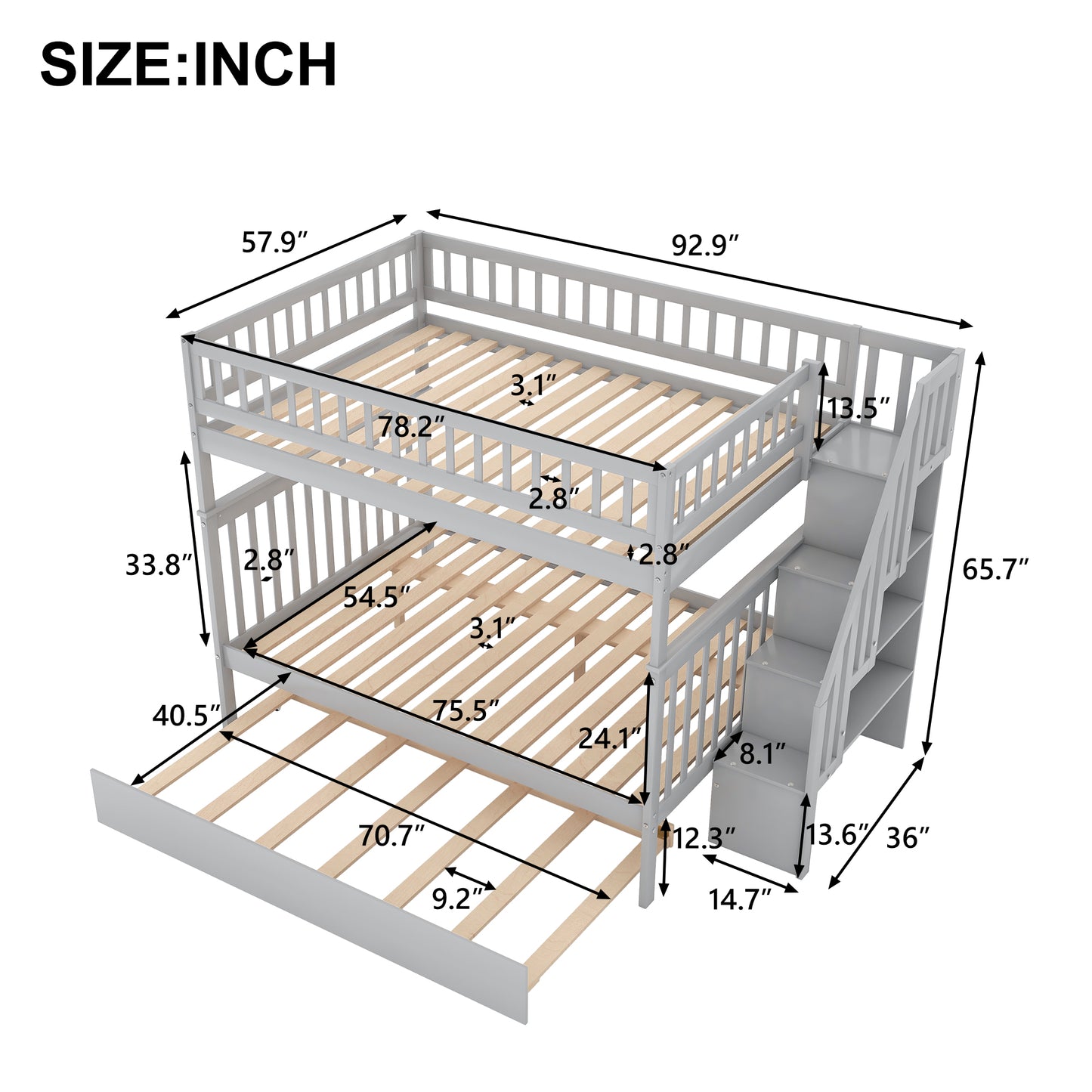 Gray wooden triple bunk bed with trundle and stairs