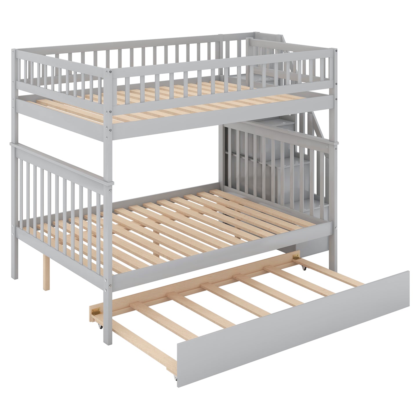 Gray twin over twin bunk bed with pullout trundle and stairs