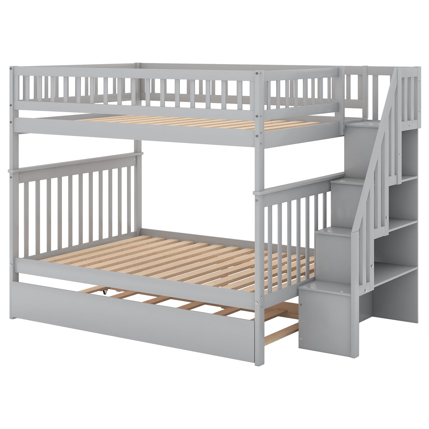 Gray wooden twin over twin bunk bed with stairs and storage