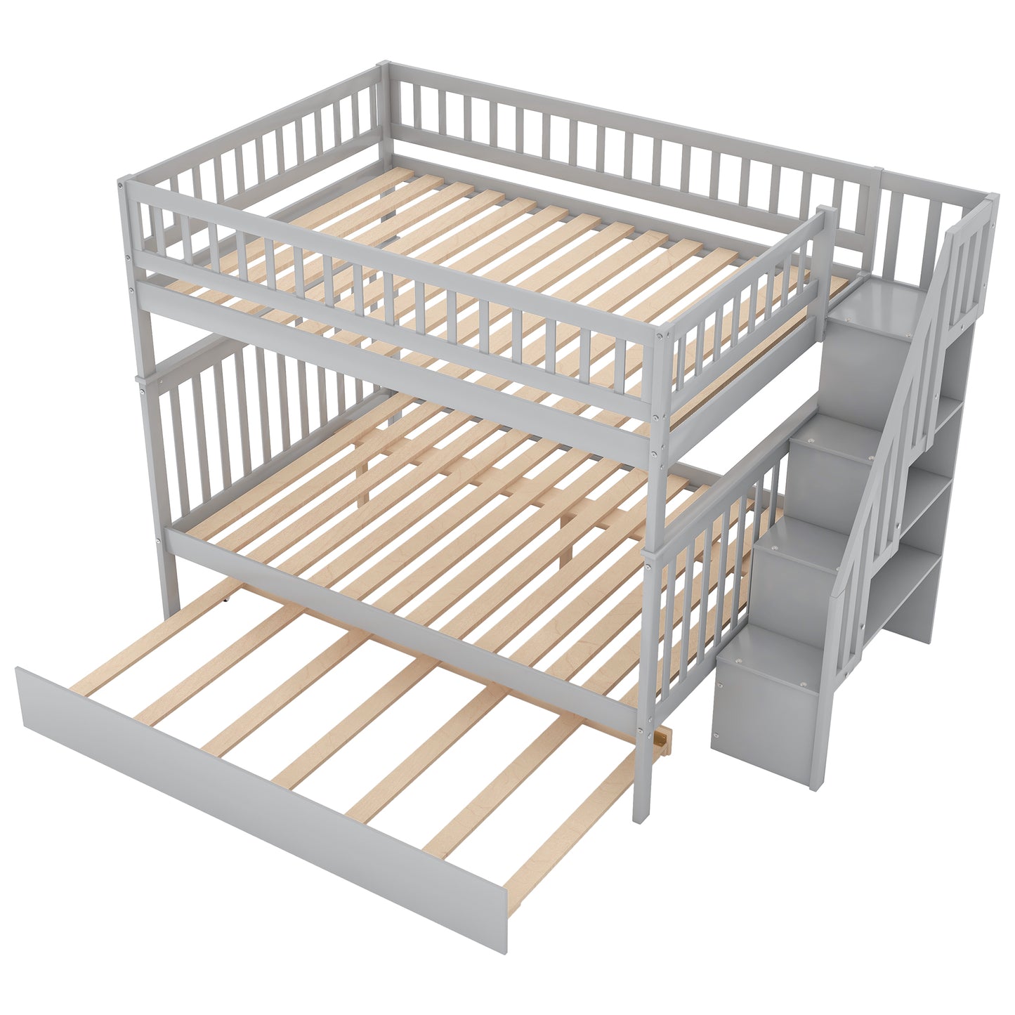 Gray wooden triple bunk bed with pullout trundle and stairs