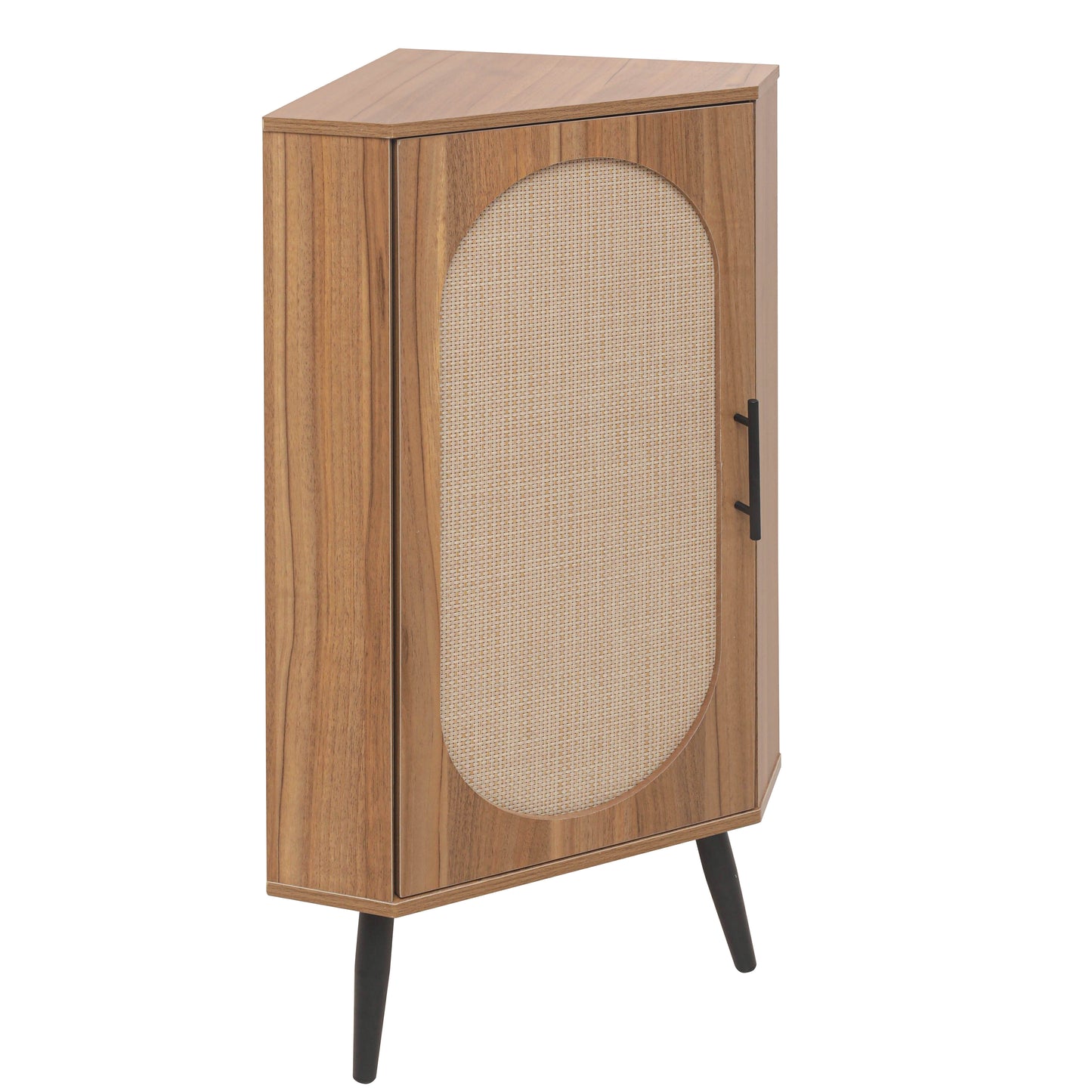Midcentury modern corner cabinet with rattan door detail and tapered legs