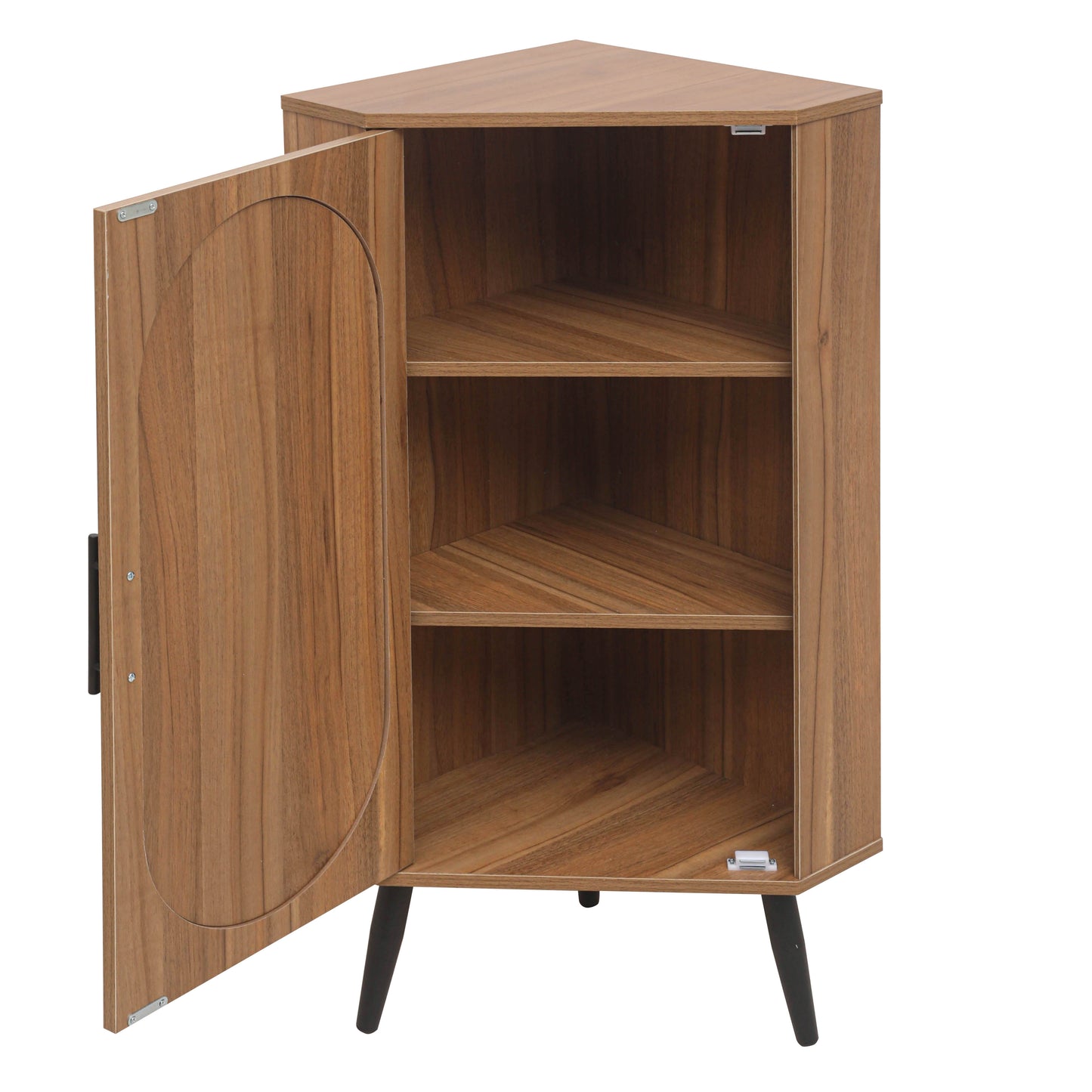 Corner cabinet with open door natural wood veneer finish and three shelves