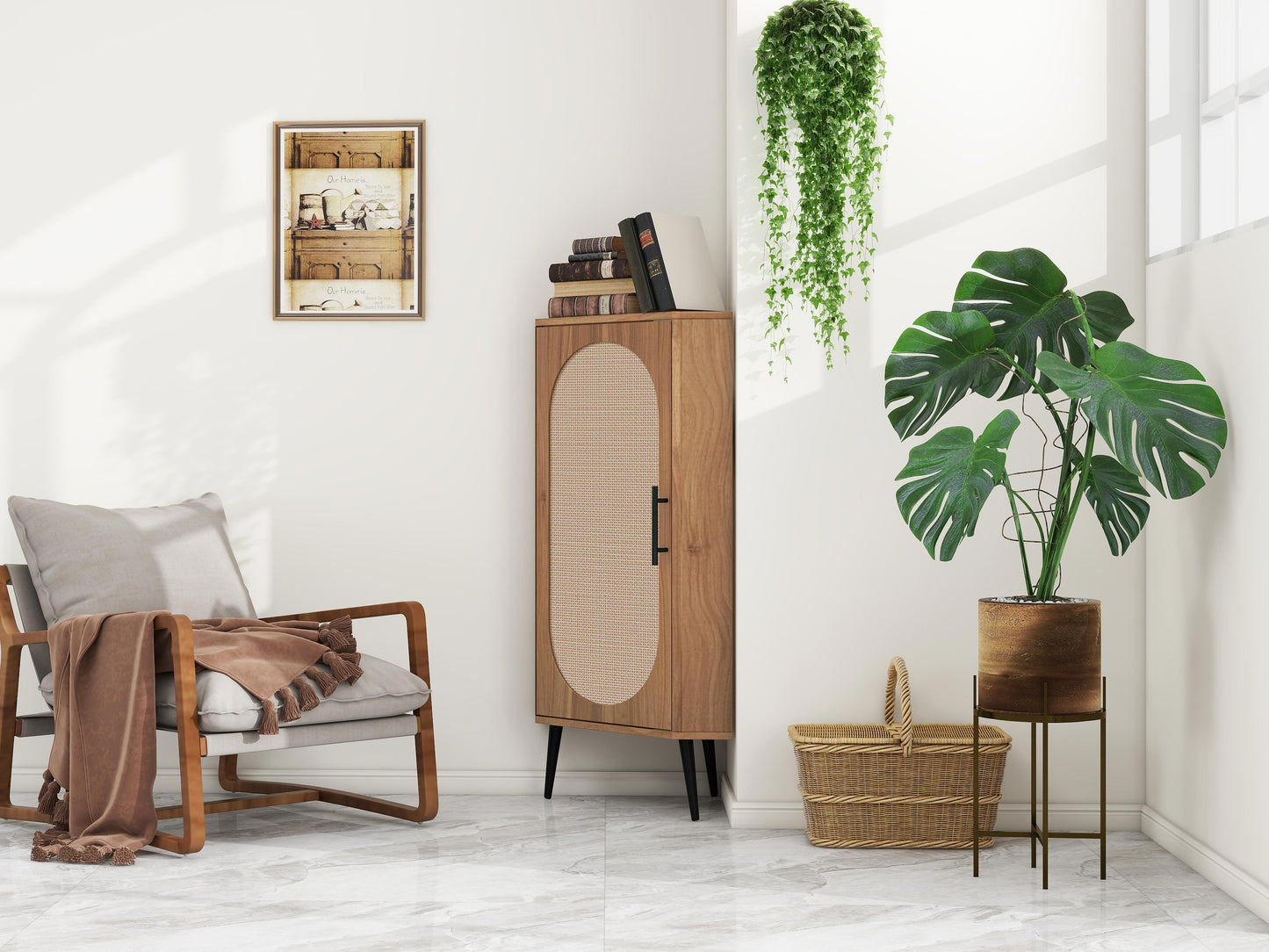 Wooden accent cabinet with rattan cane door for storage