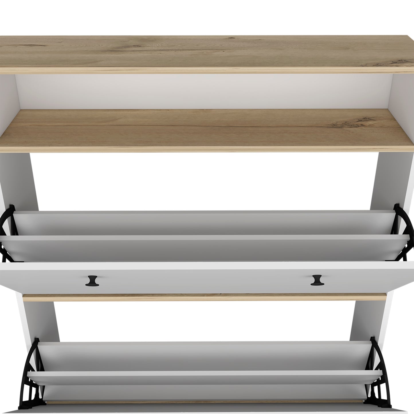 White and wood entryway shoe cabinet with three flipdown drawers