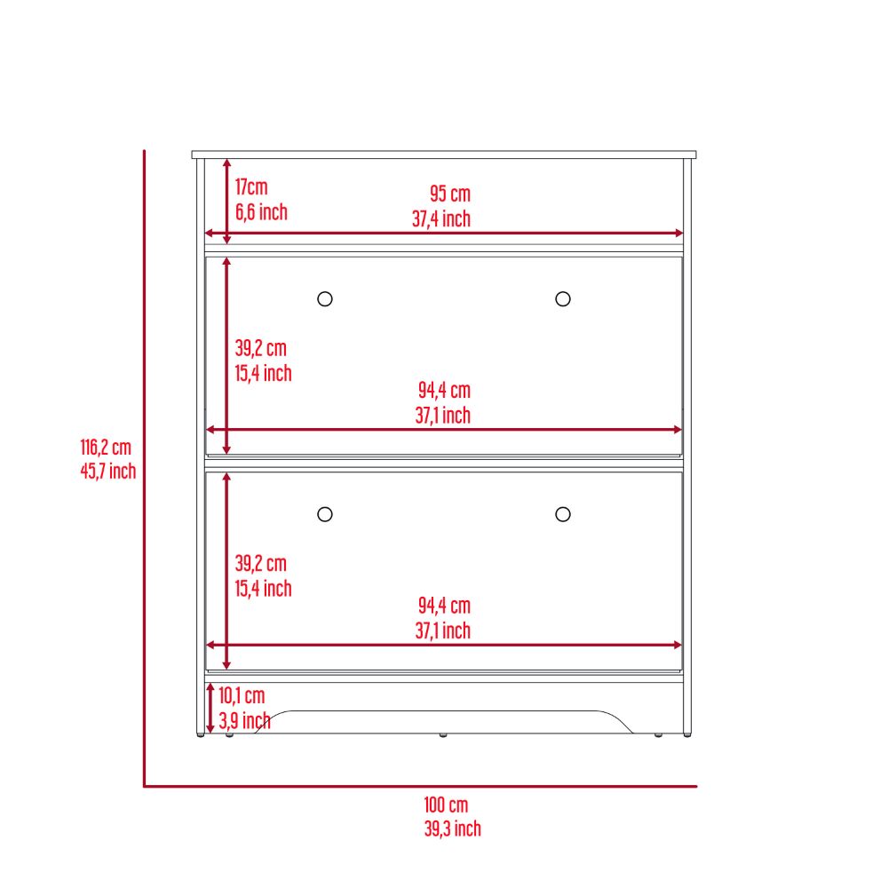 Detailed diagram of a white dresser with two large drawers showing dimensions in cm and inches