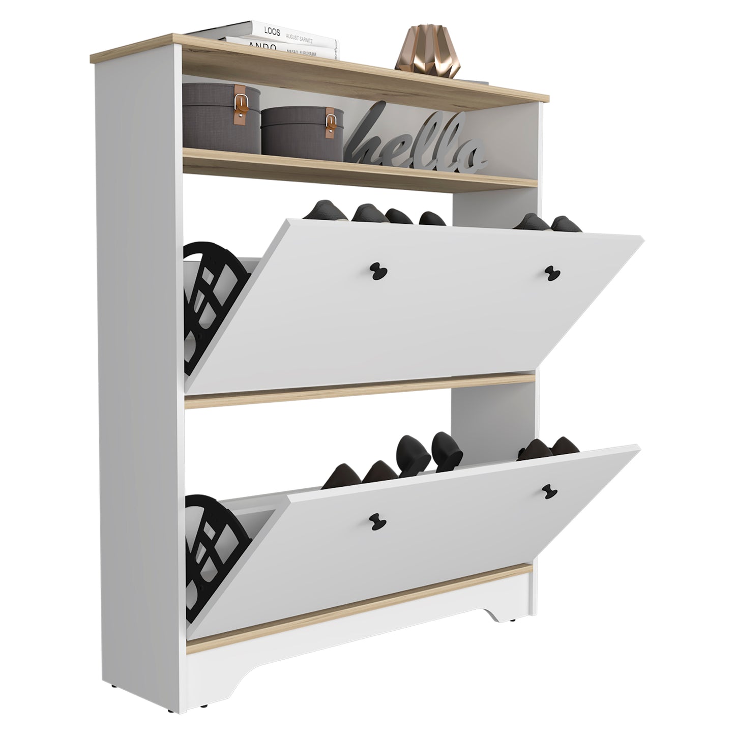White and wood twotier shoe cabinet with open flipdown doors showing black shoes