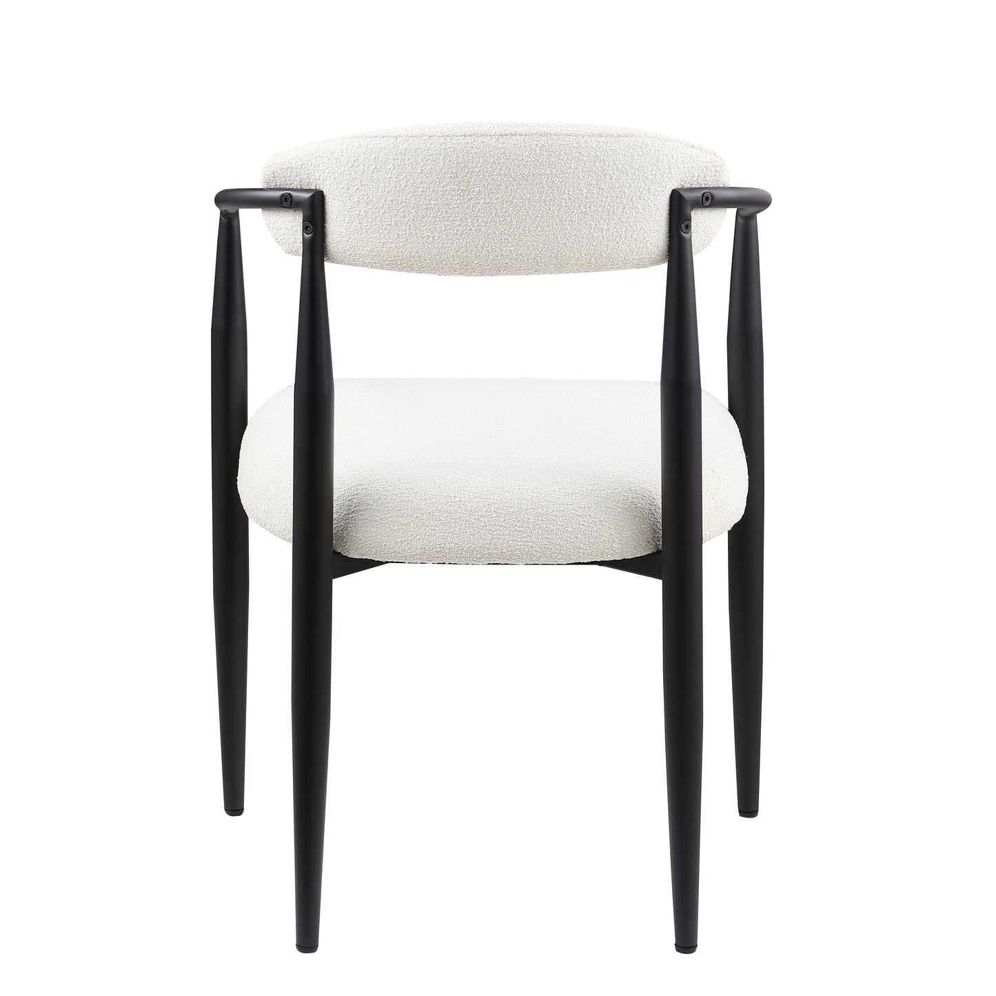 Boucle fabric dining chair with tapered black legs and rounded arms