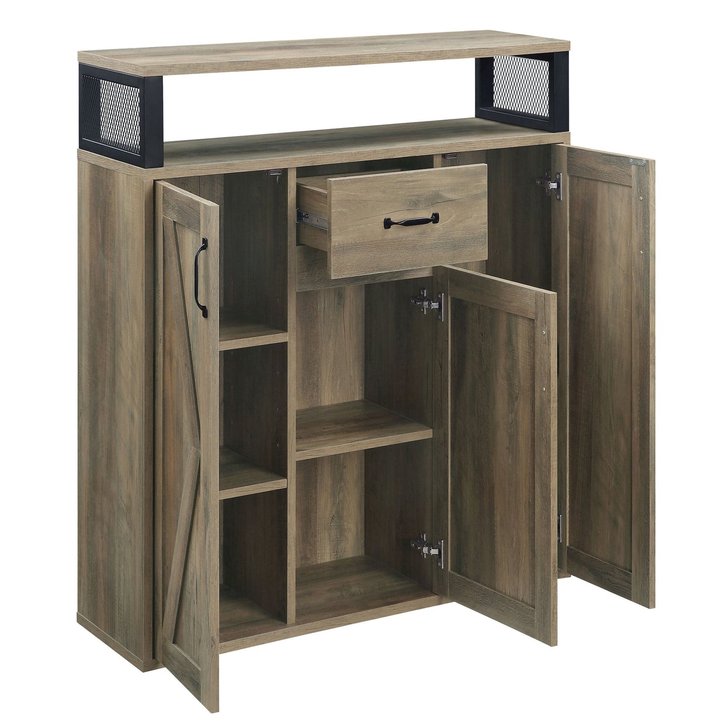 Rustic brown wood accent cabinet with black metal mesh details and one drawer