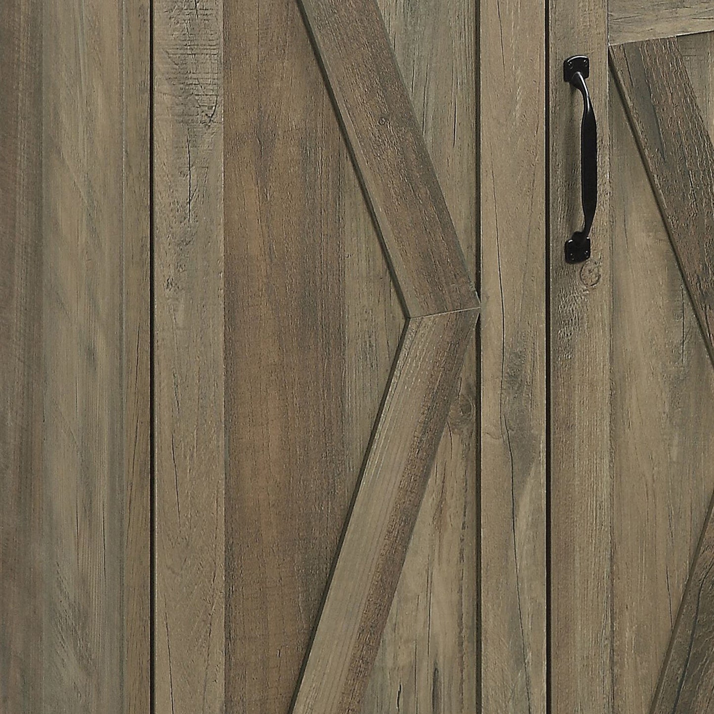 Rustic barn door cabinet with antique wood finish and black hardware