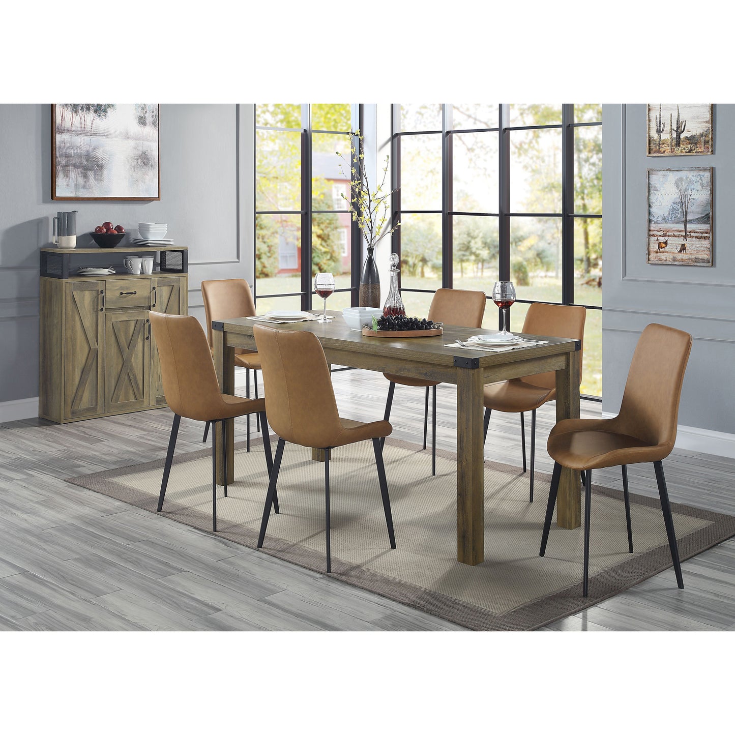 Tan upholstered dining chairs with black metal legs surround a rustic wood dining table