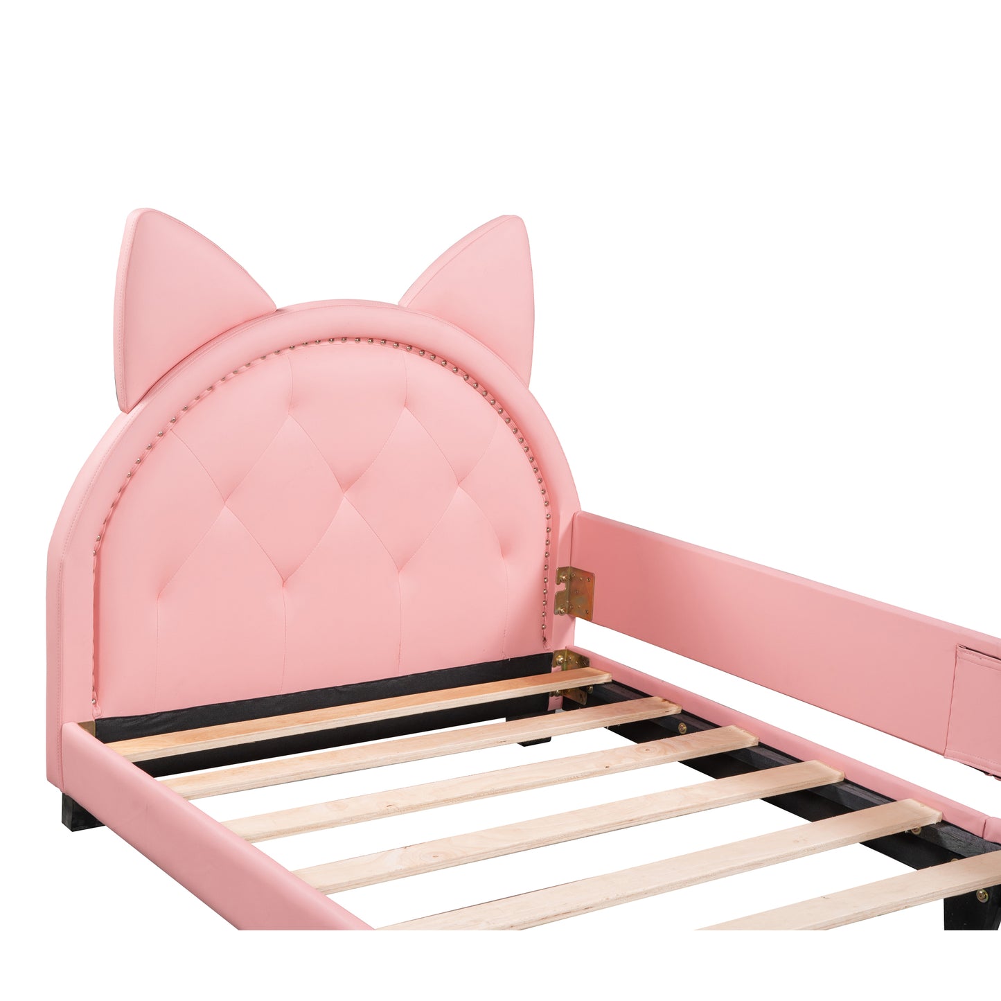 Pink upholstered twin bed with cat ears