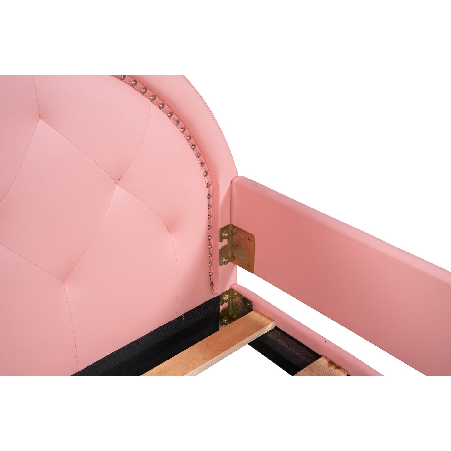 Pink tufted velvet bed frame with studded headboard detail