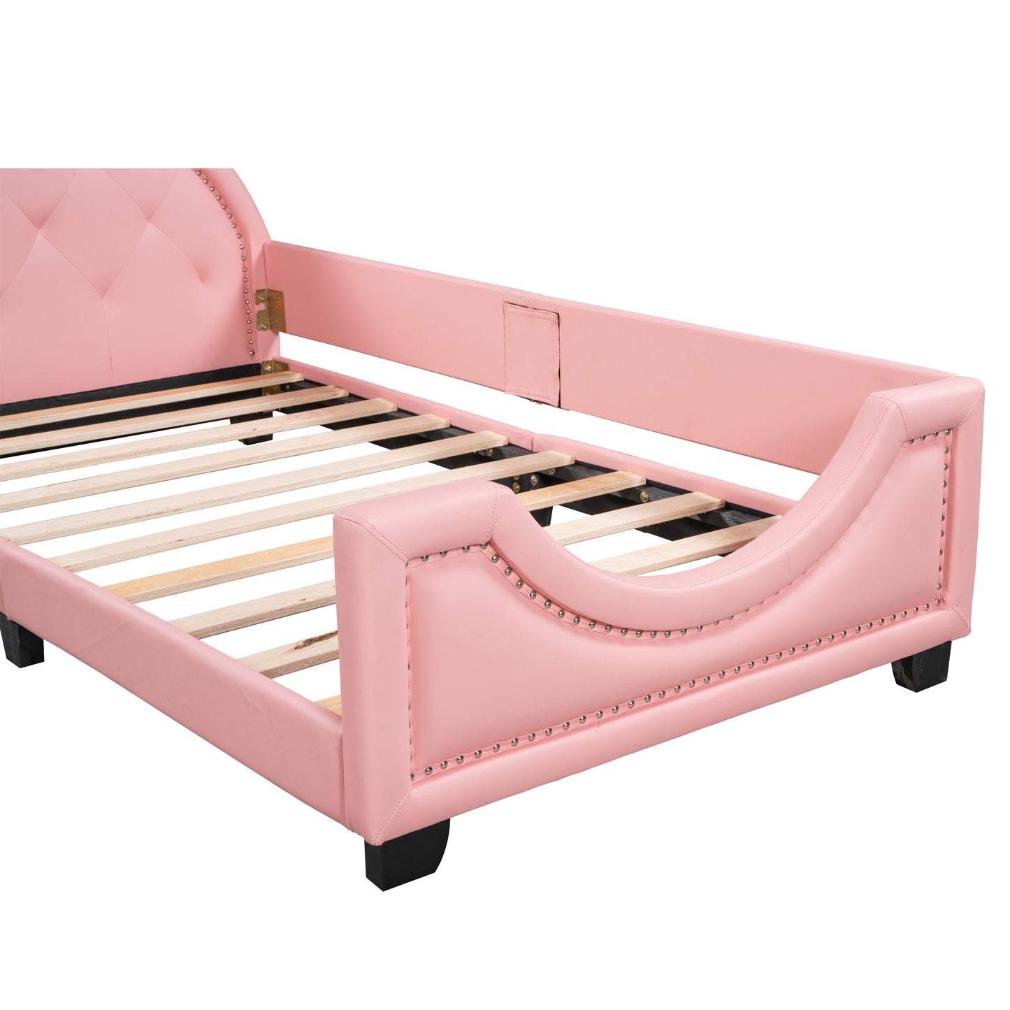 Pink upholstered twin bed frame with button tufting and silver nailhead trim