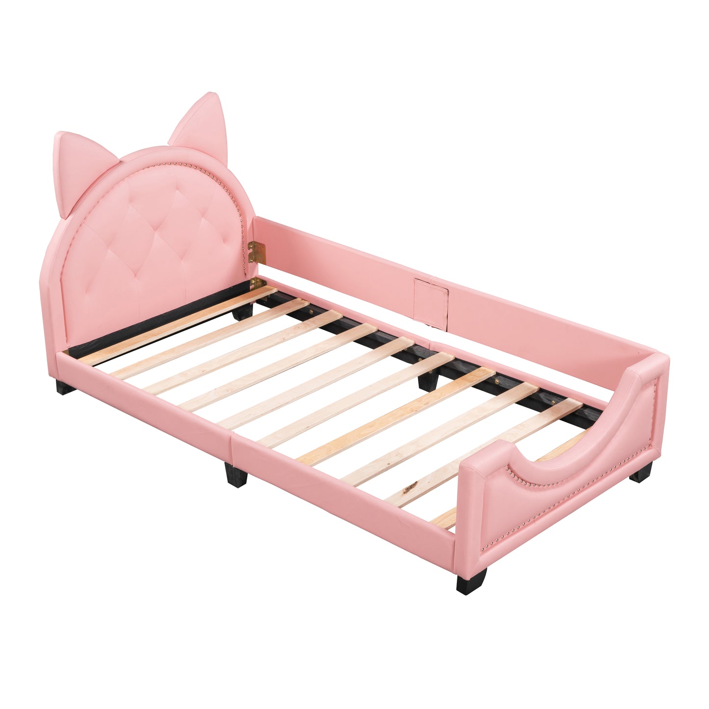 Pink upholstered twin bed with cat ears on headboard