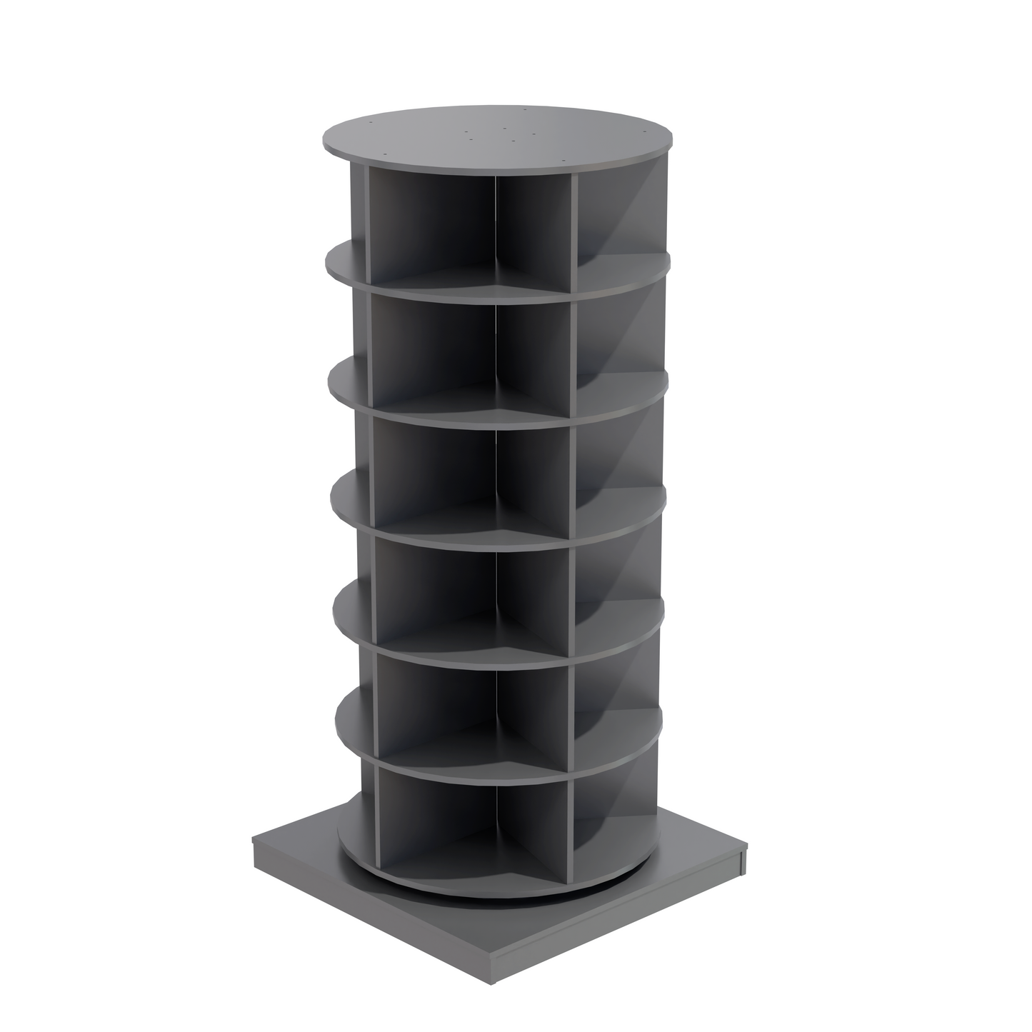 Gray round spinning display shelf with seven tiers and cubbies for retail Modern rotating display stand for merchandise presentation