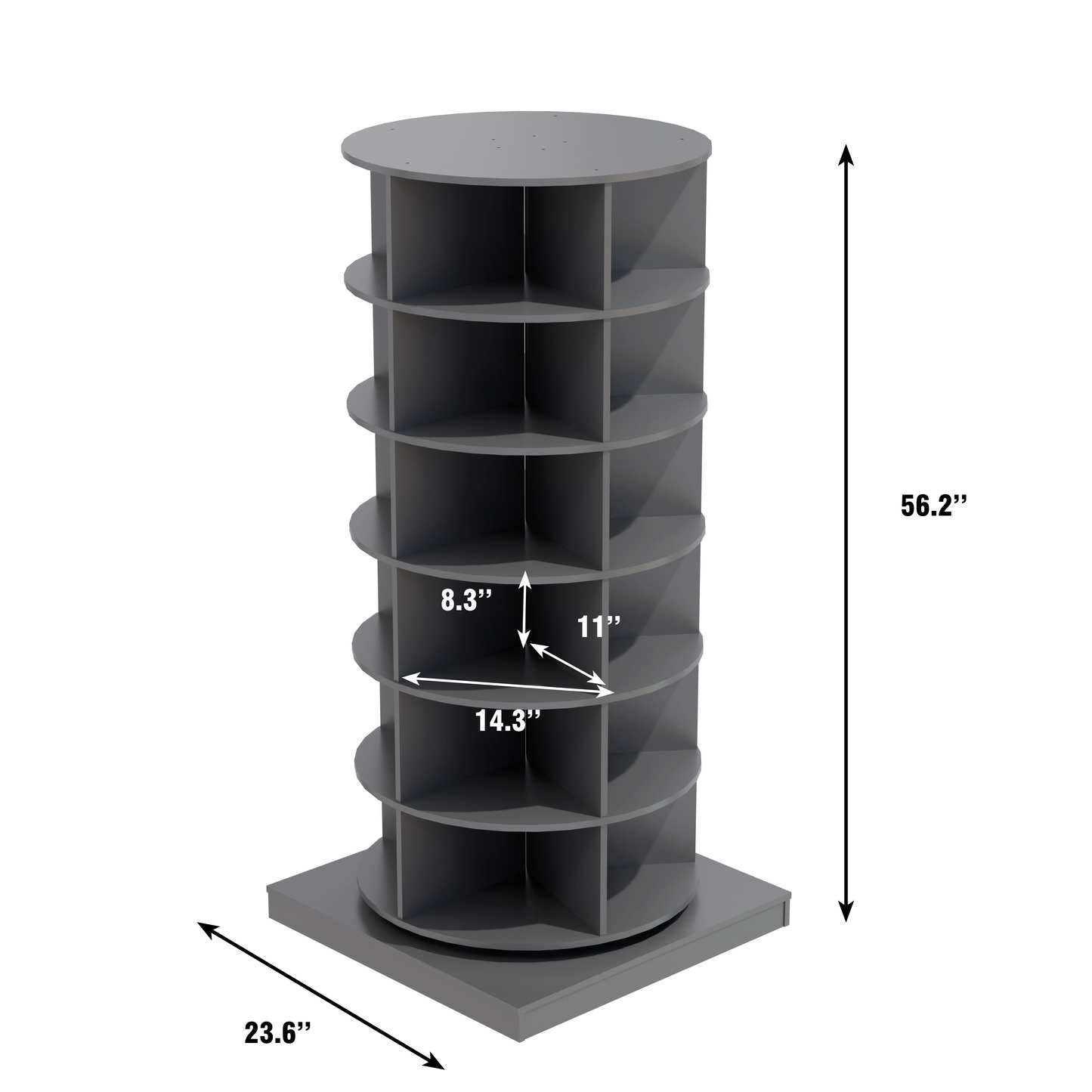 Gray revolving shoe rack with multiple shelves inches tall