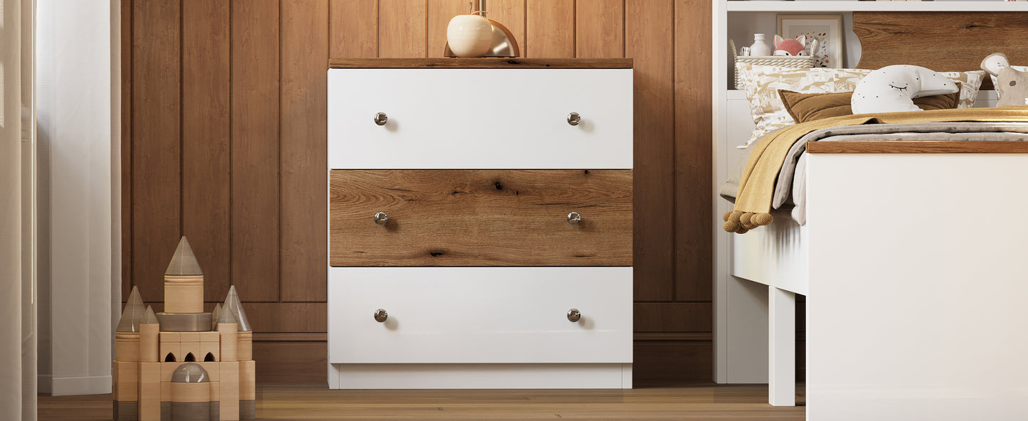 White and wood grain drawer chest with silver knobs