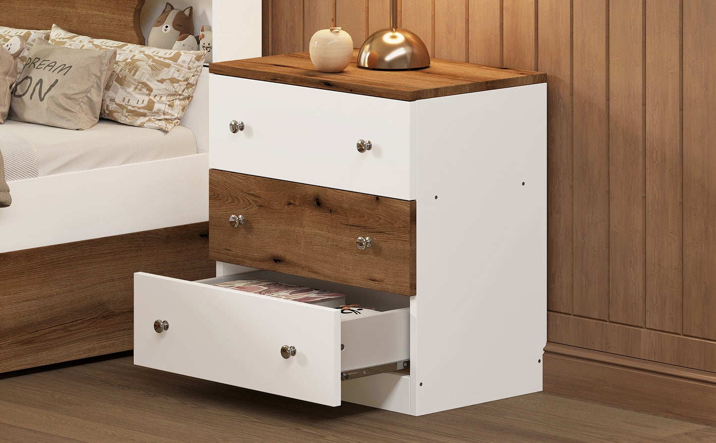 White and wood grain drawer chest