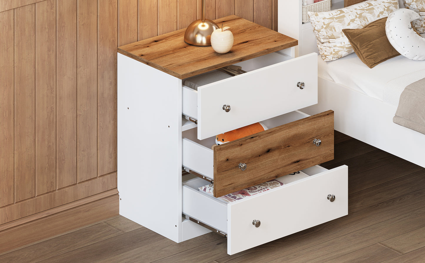 White and wood bedside table with three drawers