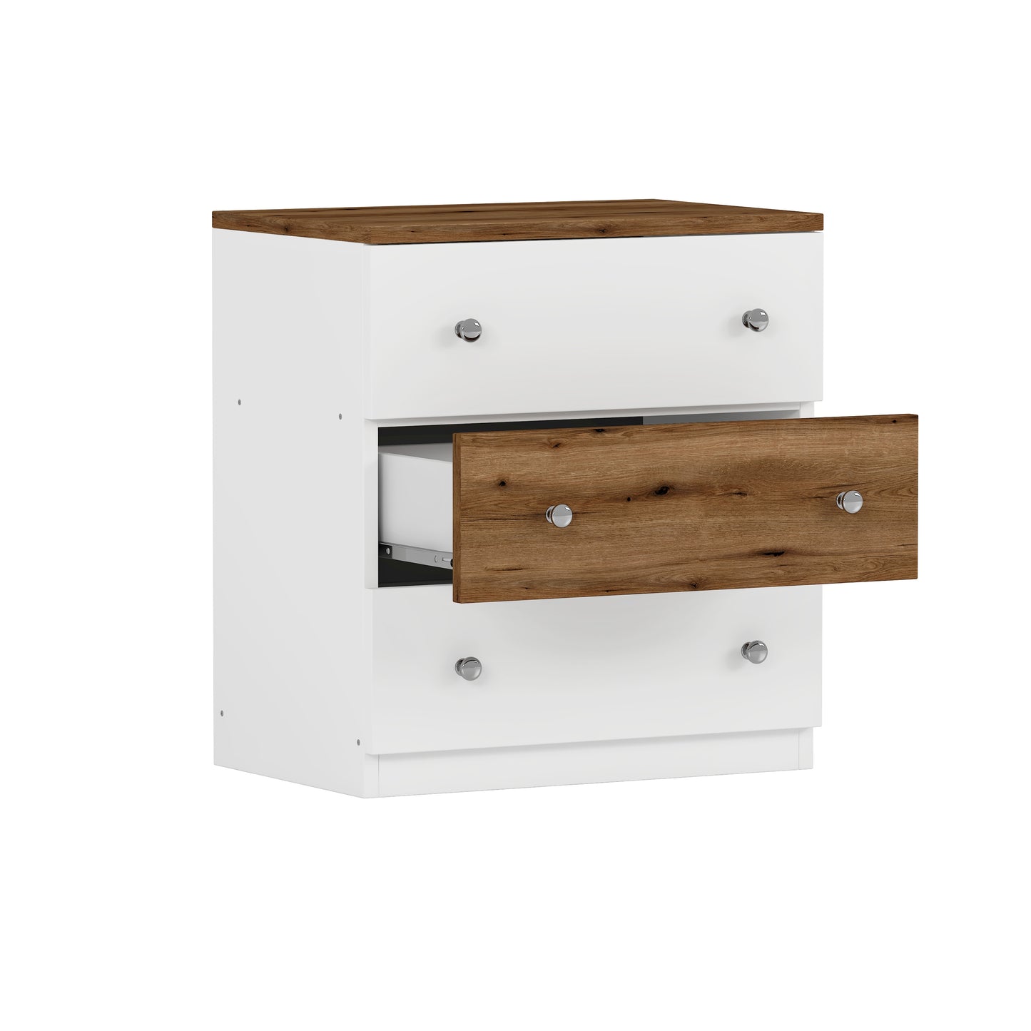 White and wood grain dresser with three drawers