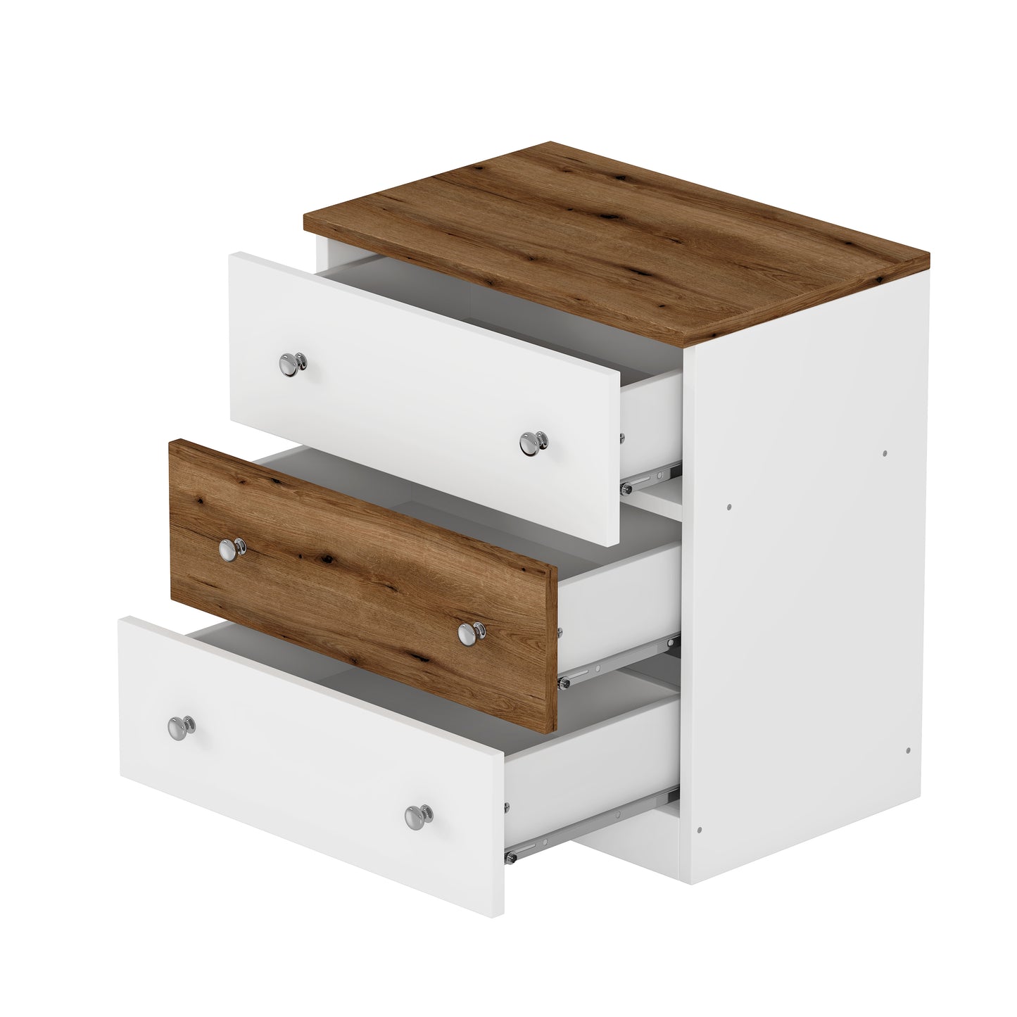 White and wood finish threedrawer chest with silver knobs