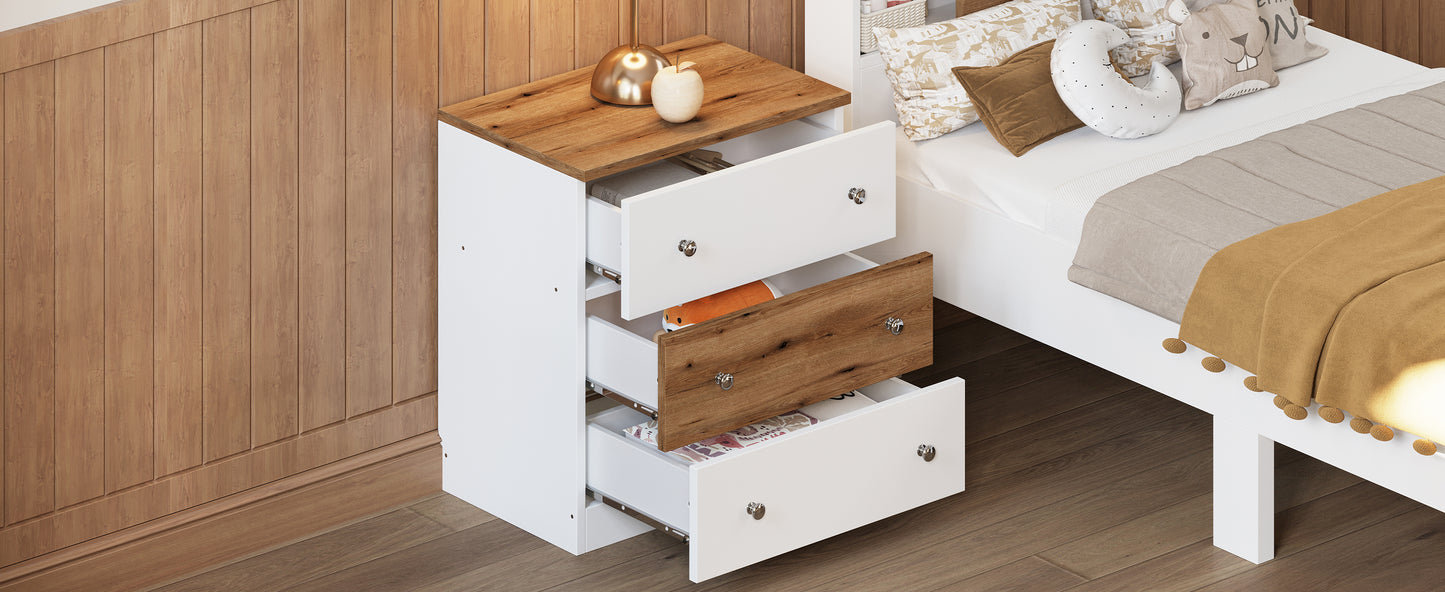White and wood grain nightstand with three drawers