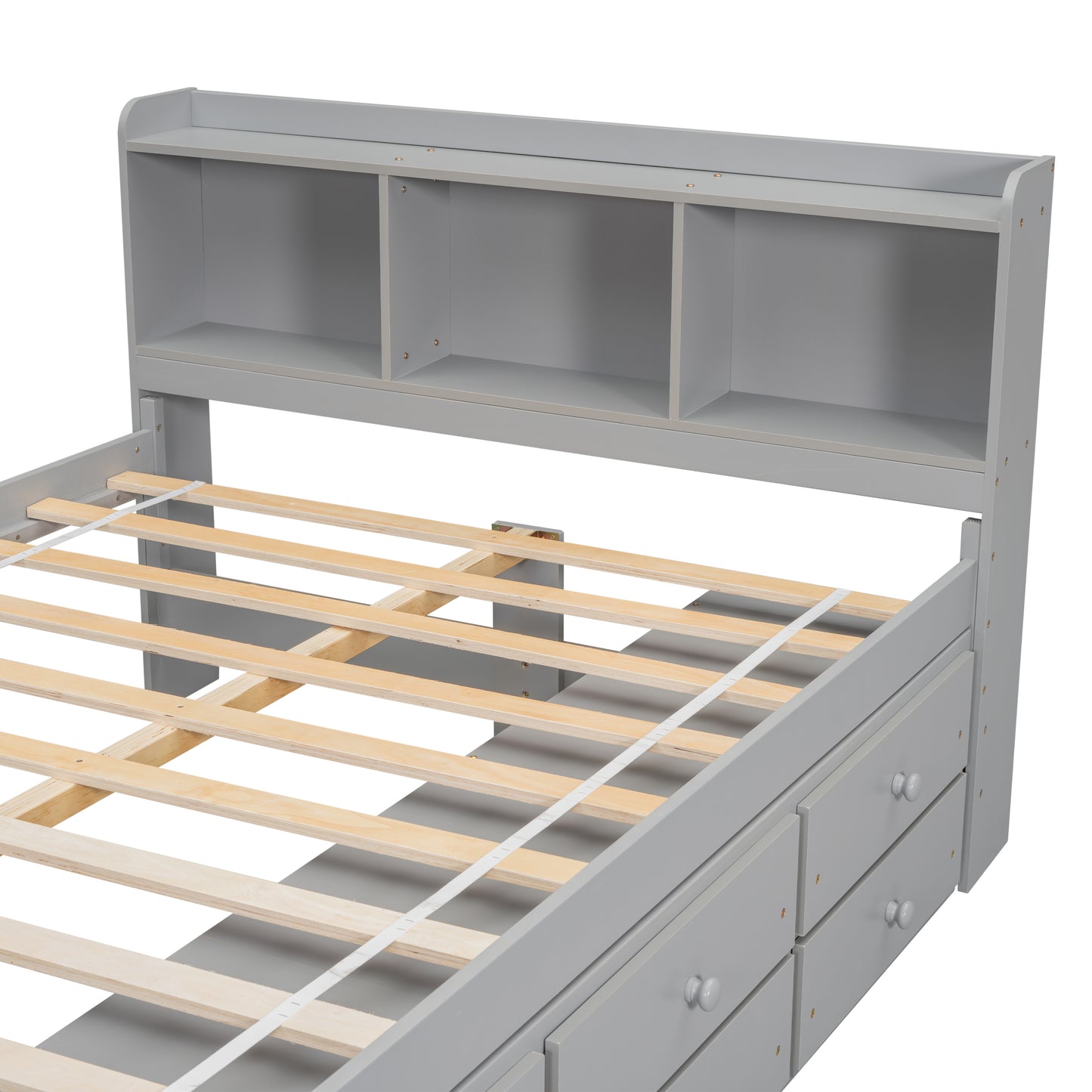 Gray twin bed frame with storage drawers and bookshelf headboard