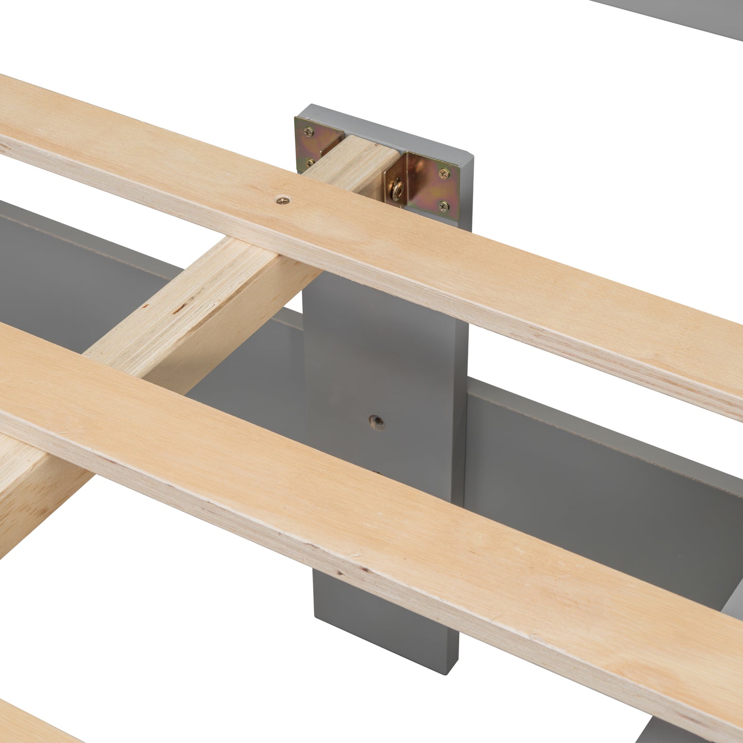 Wooden bed slats on gray frame with metal brackets