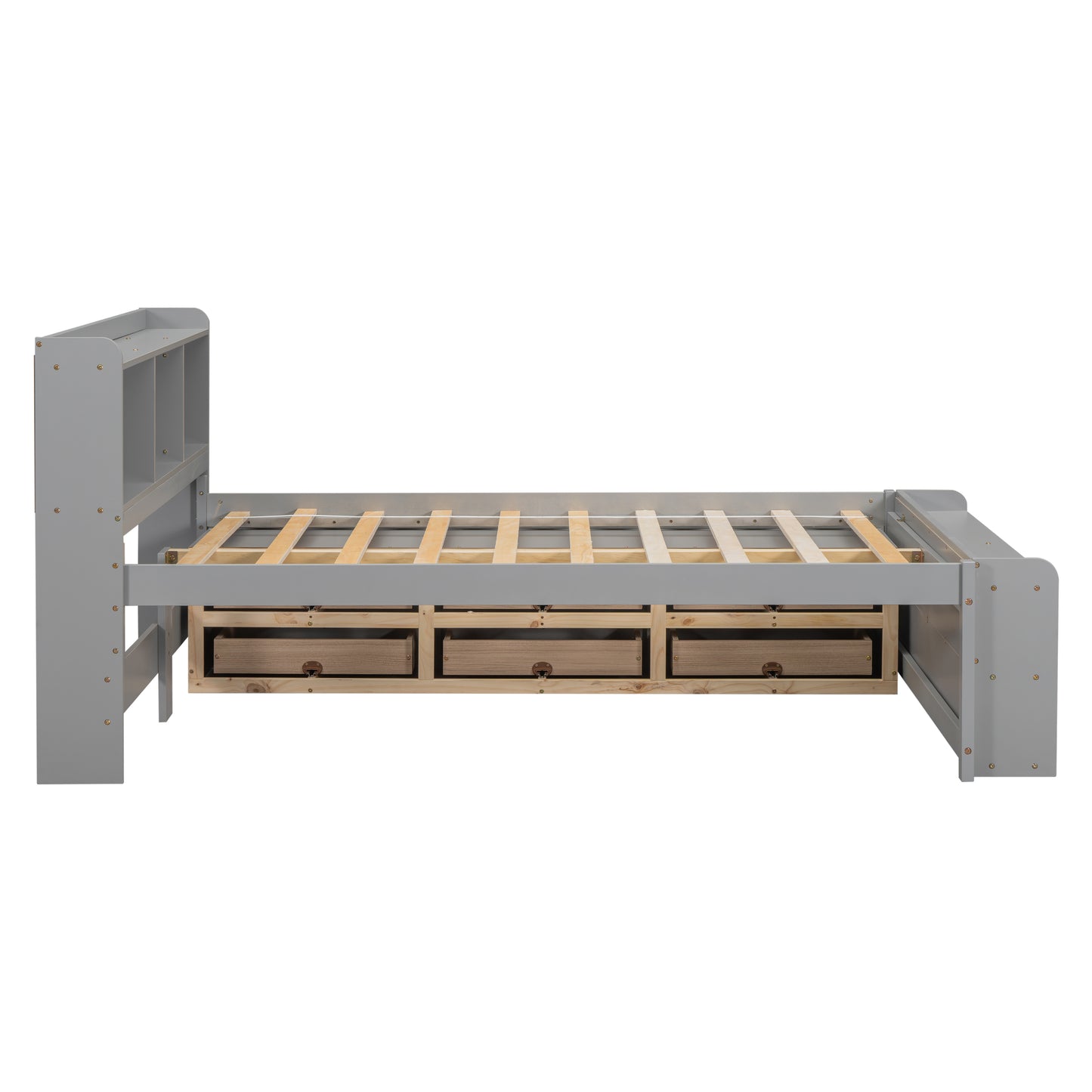 Gray twin bed frame with three underbed storage drawers