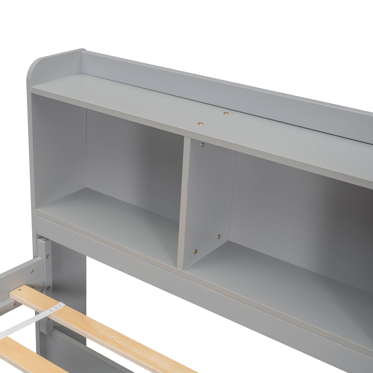 Gray wooden bed frame with integrated bookcase headboard