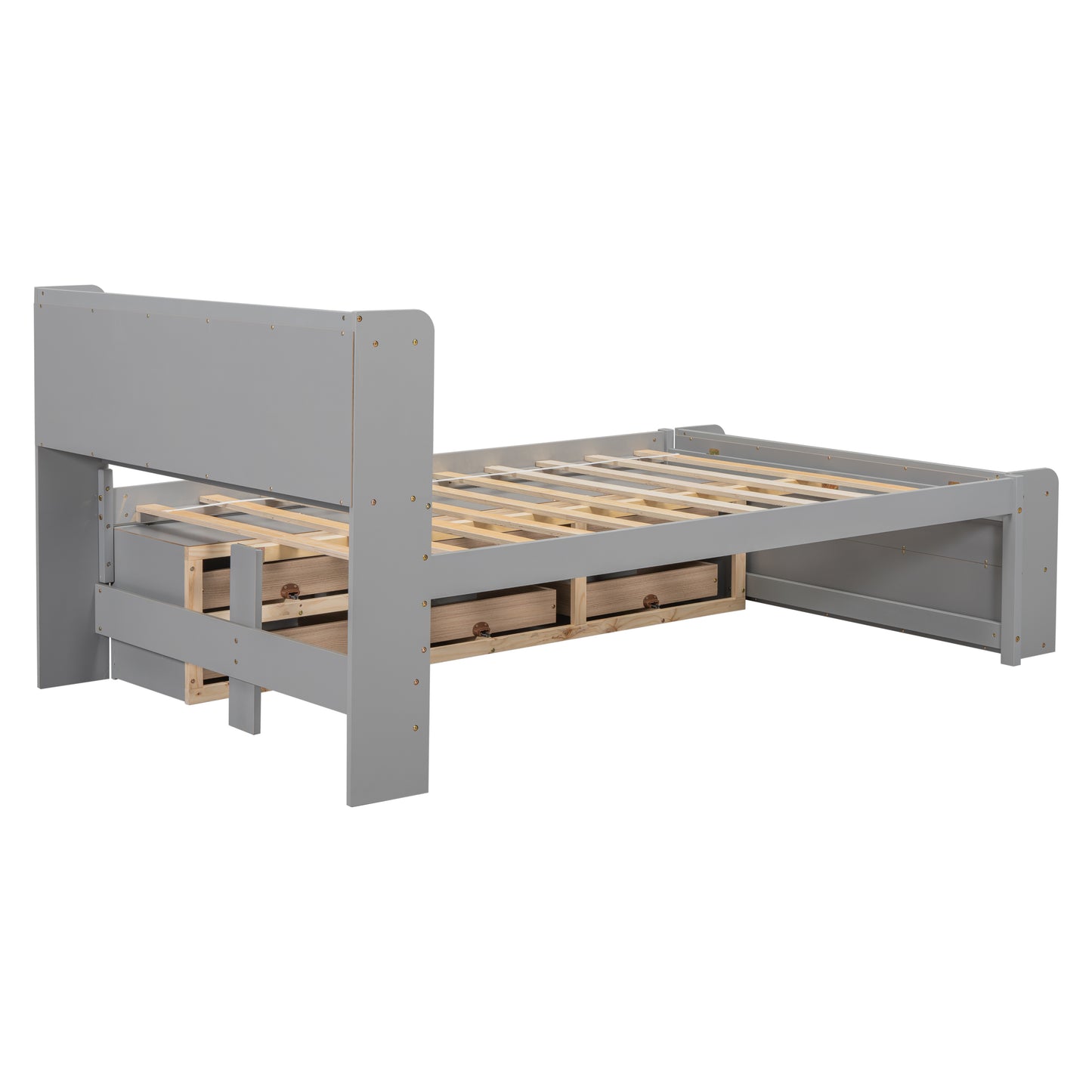 Gray twin bed frame with builtin wooden drawers