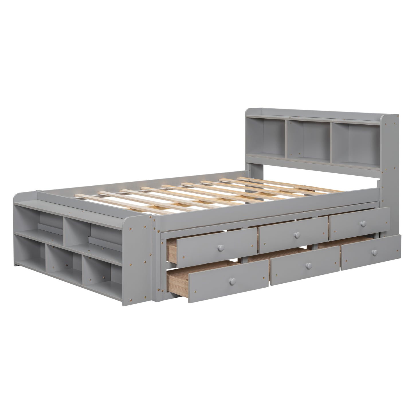 Gray twin storage bed with headboard bookshelf and drawers