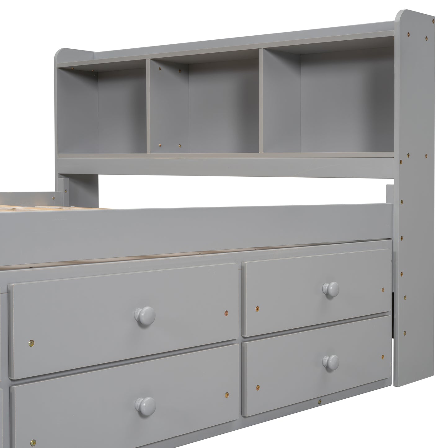 Gray wood twin bed frame with storage drawers and bookcase headboard