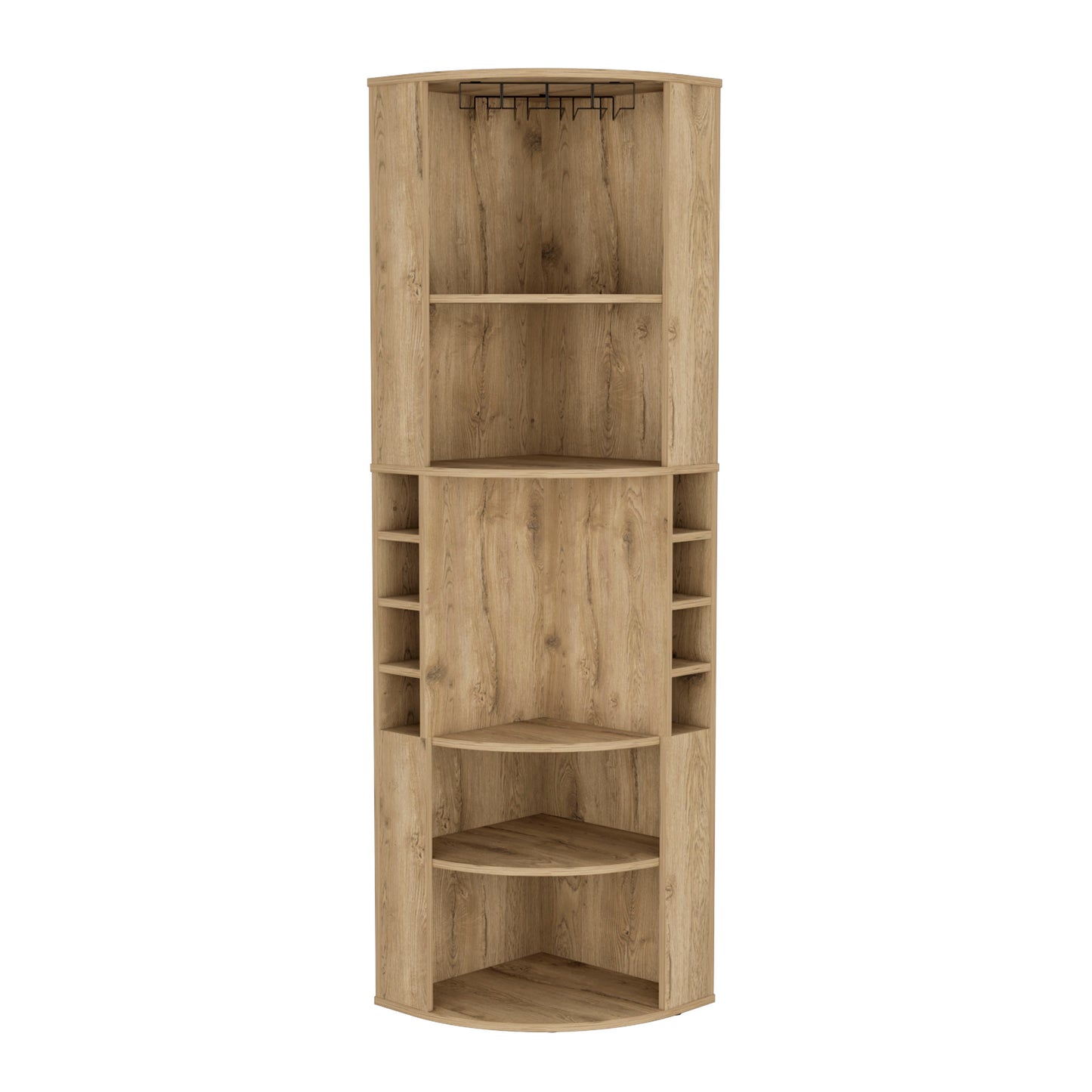 Light oak corner bar cabinet with wine glass rack and multiple shelves