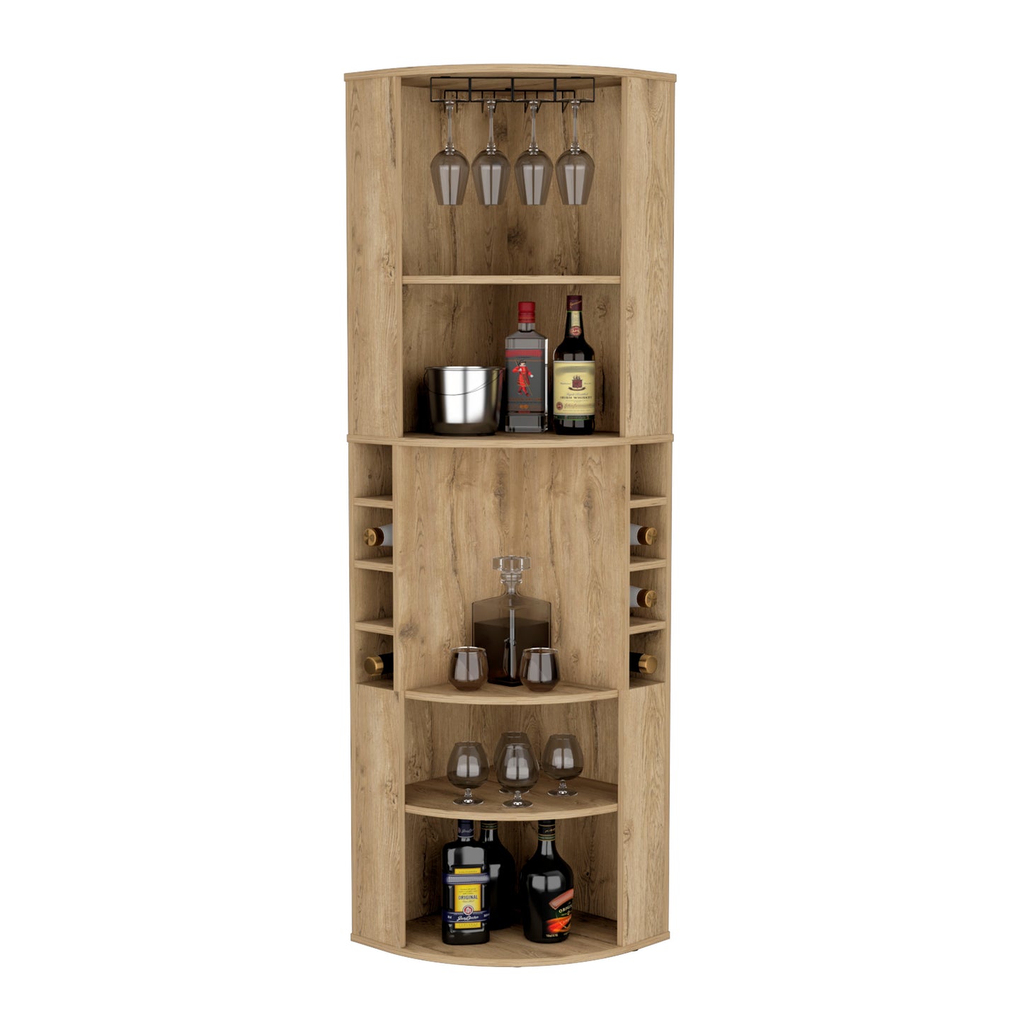 Wooden corner bar cabinet with wine rack and glass holders