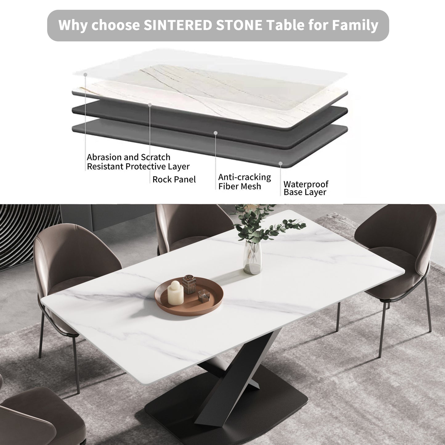 White sintered stone dining table with marblelook top and black Xbase