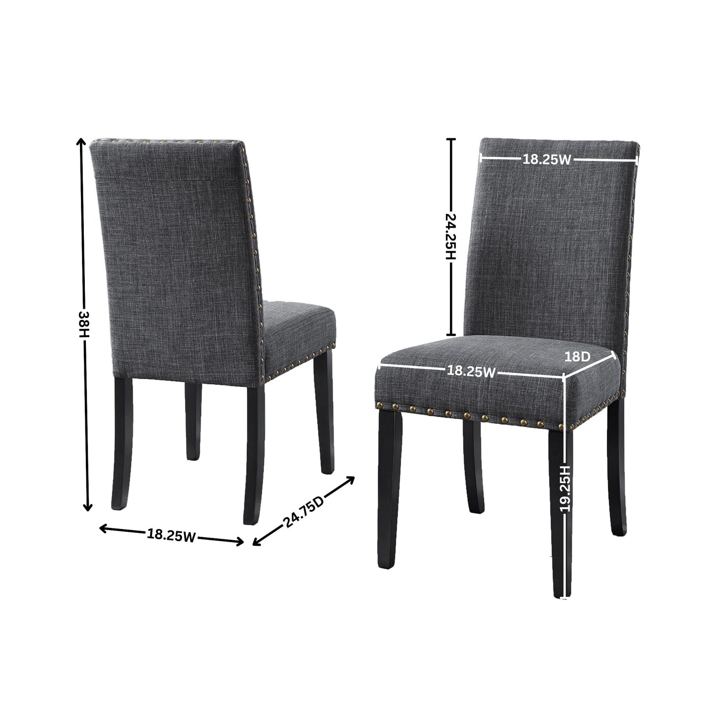 Two gray upholstered dining chairs with nailhead trim and dark wood legs