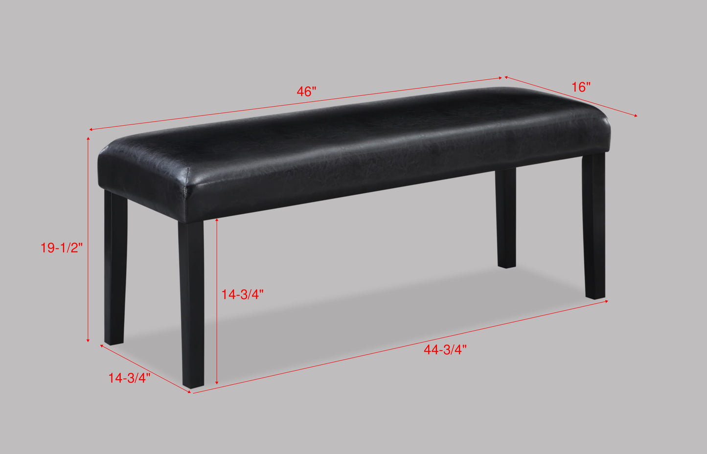 Black faux leather upholstered bench with dark wood legs