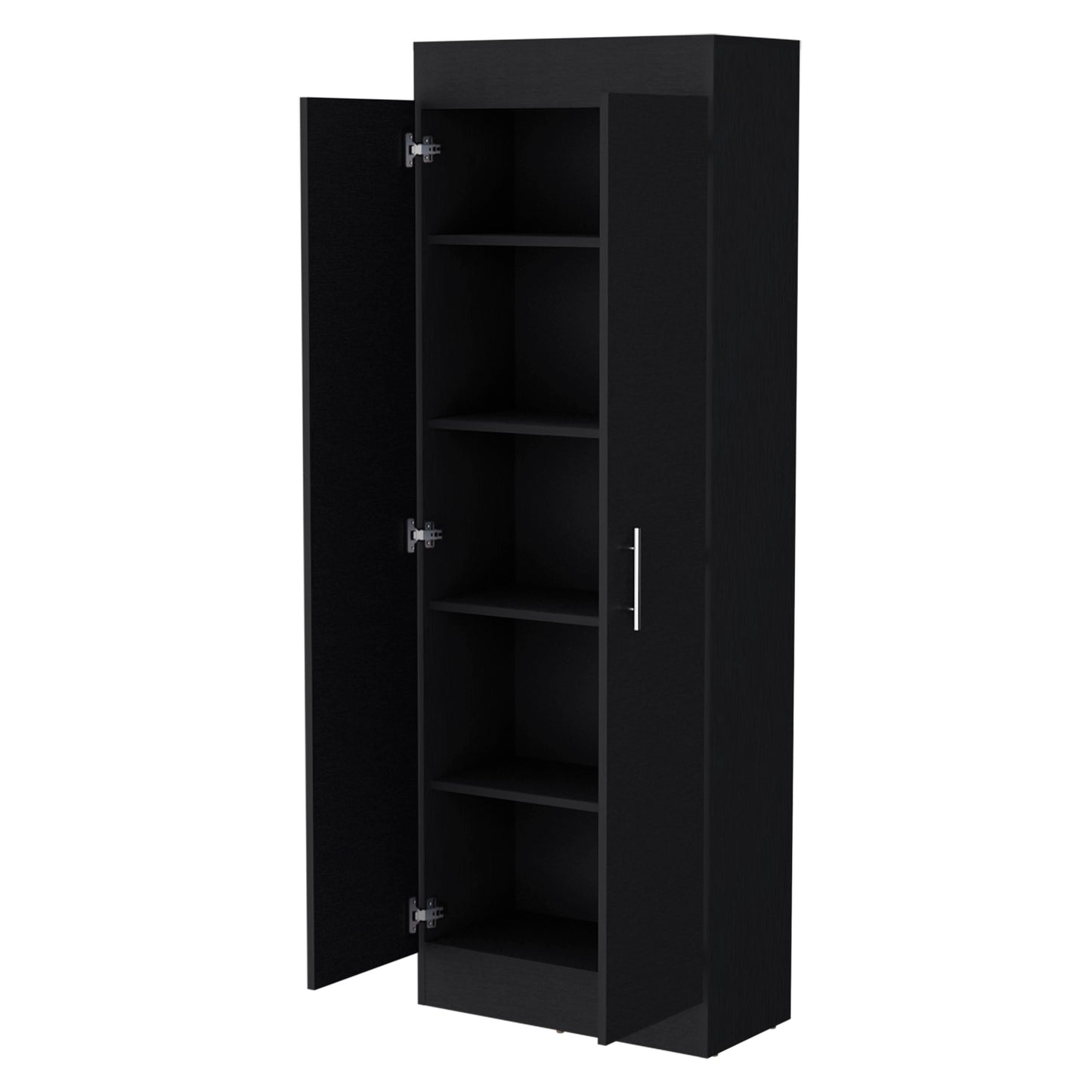 Black wood narrow cabinet with open doors and multiple shelves
